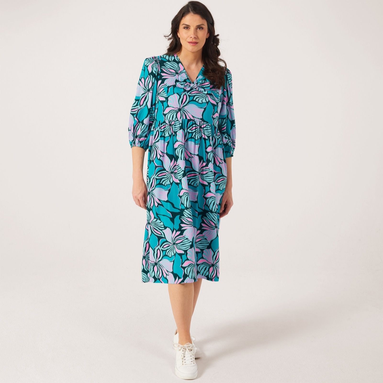 Helene Berman Printed Flower Swing Dress with Puff Sleeve