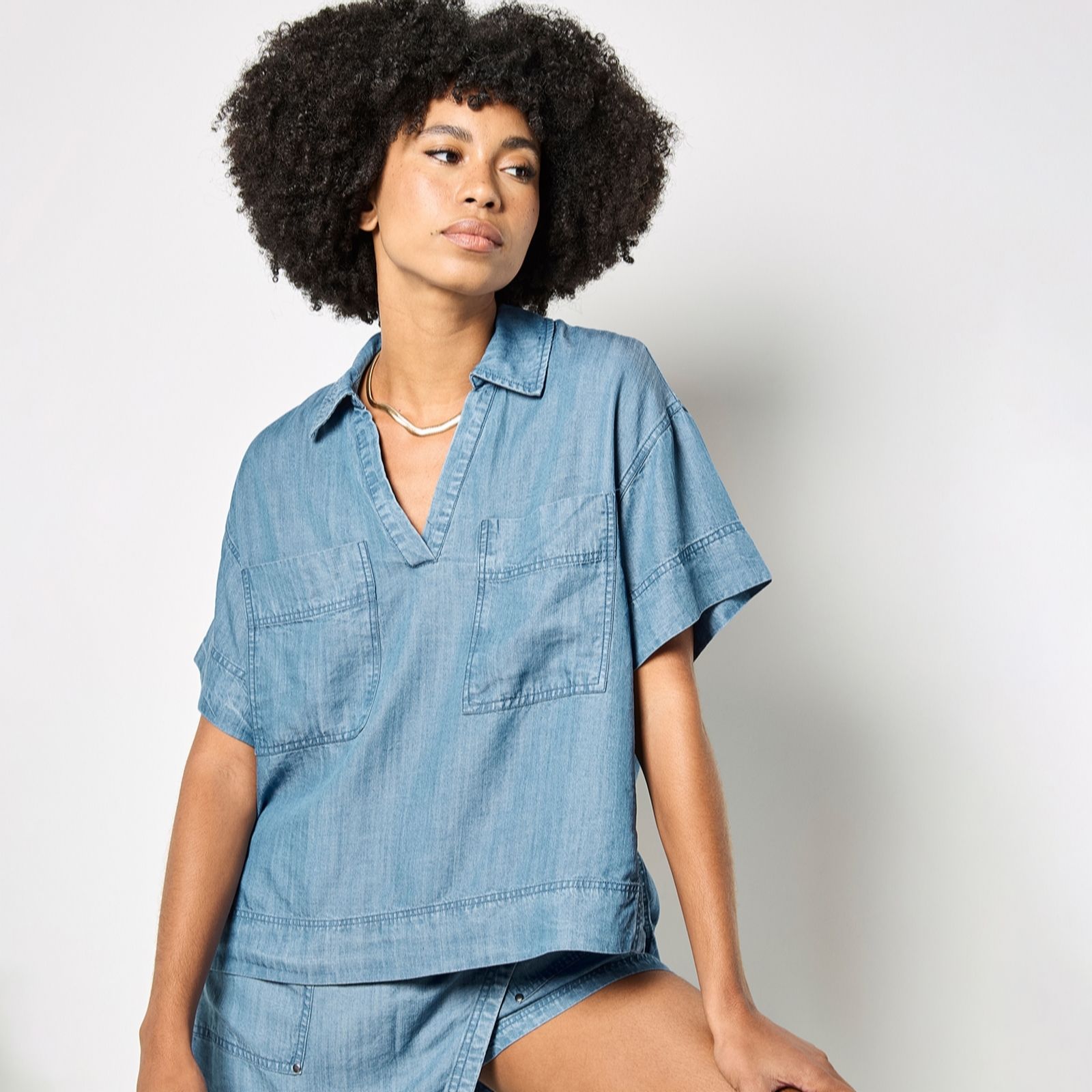 Apricot Blue Slub Open Neck Denim Shirt