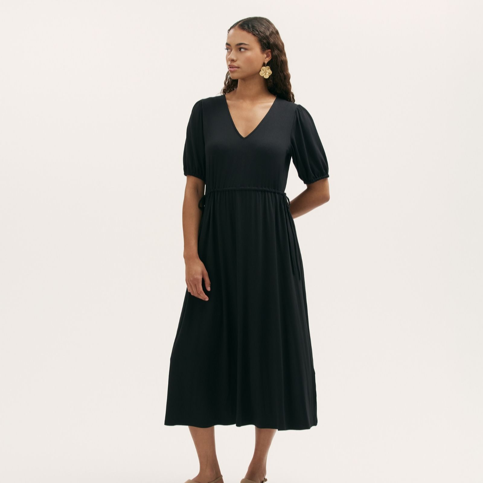Finery Black London Hessa Jersey Tie Side Puff Sleeve Midi Dress