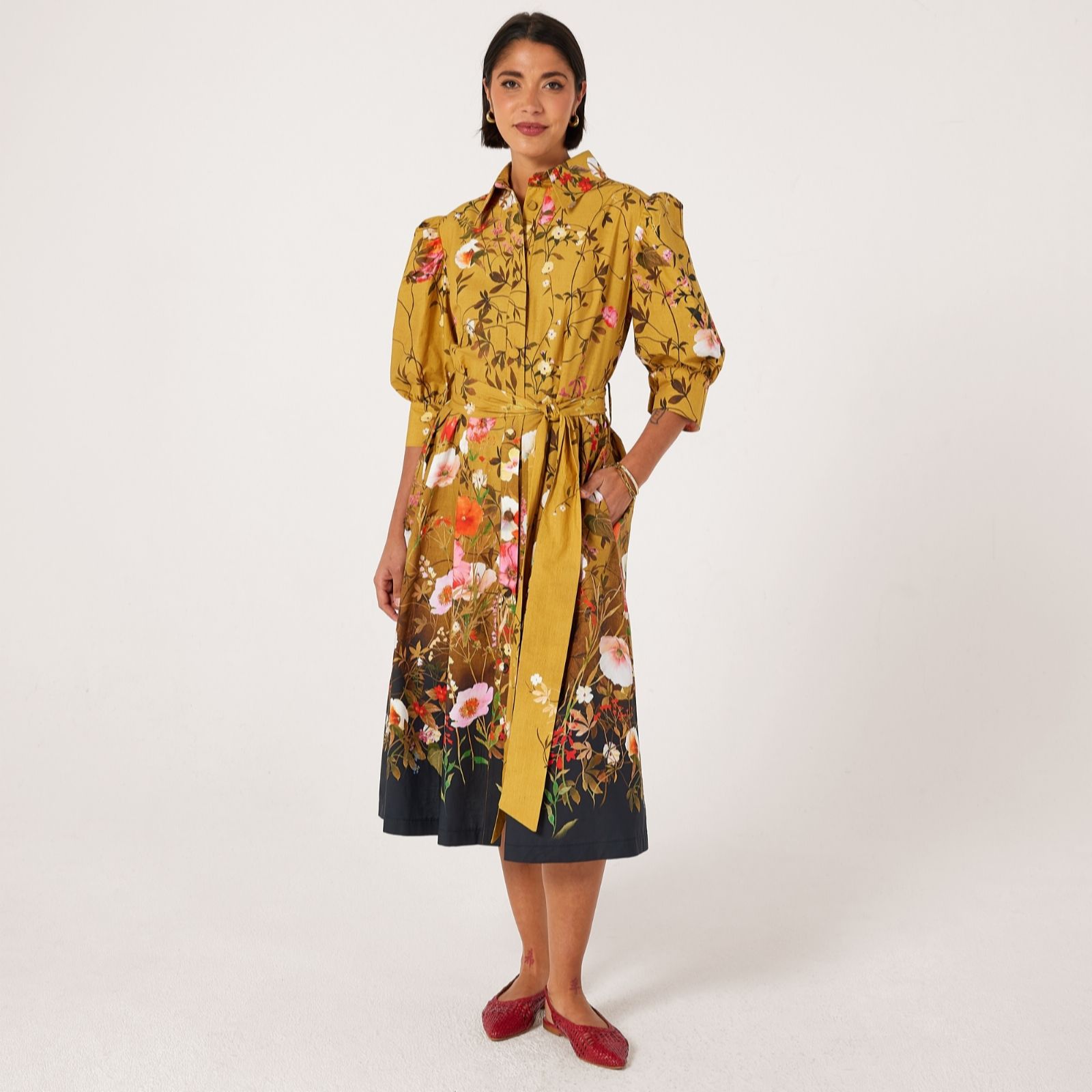 Helene Berman Multi 100% Cotton Floral Printed Button Shirt Dress