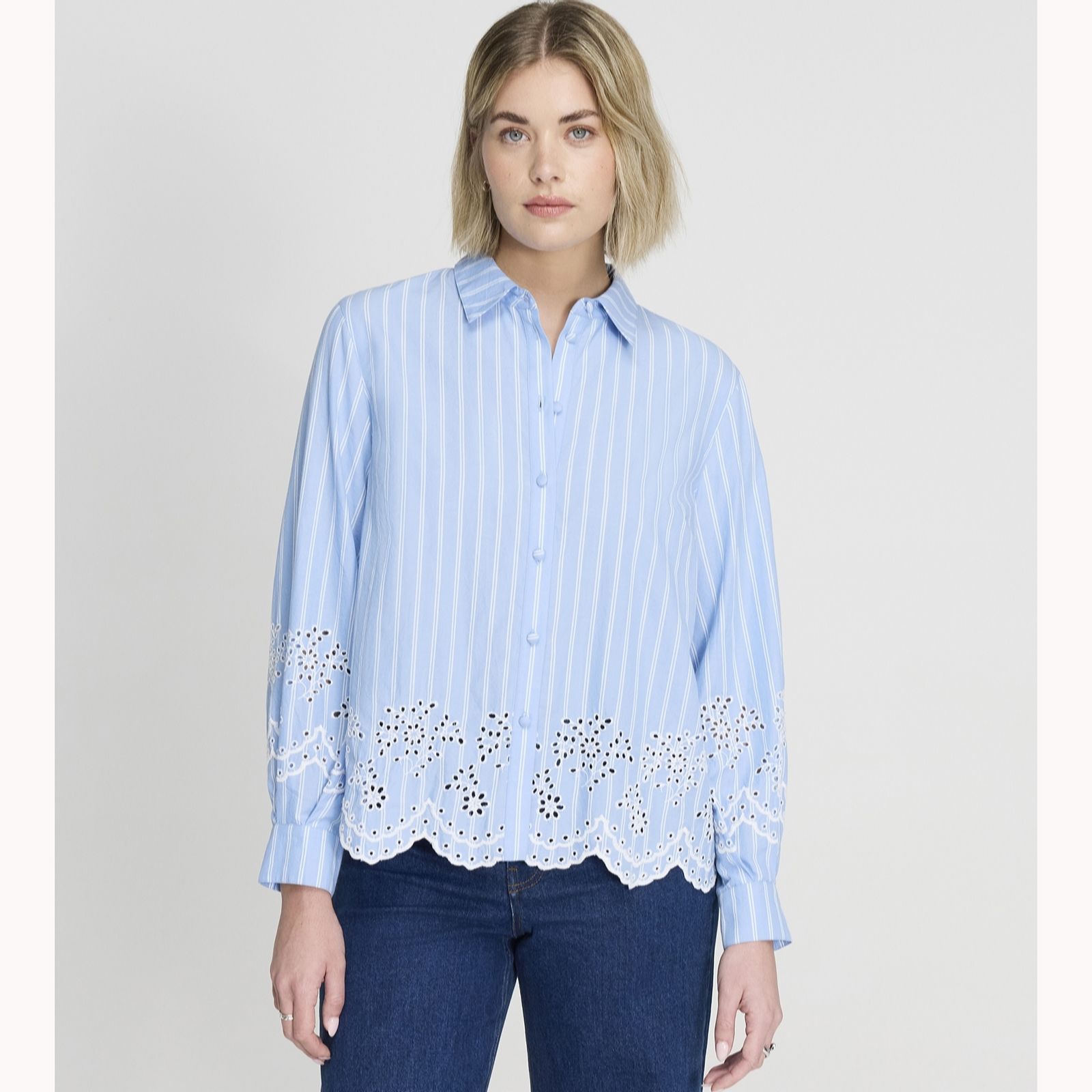 Finery Blue Stripe London Sydnee 100% Cotton Stripe & Broderie Detail Blouse