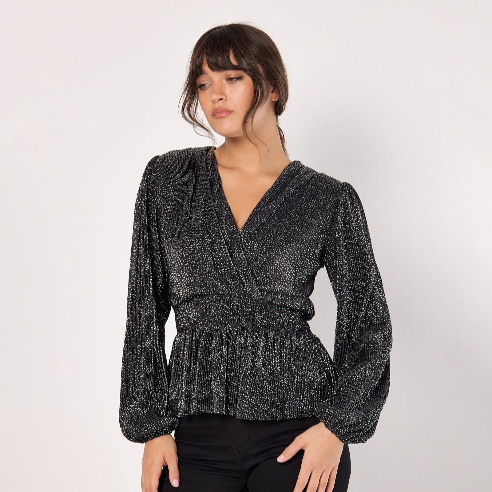 Apricot Black Plisse Peplum Wrap Top