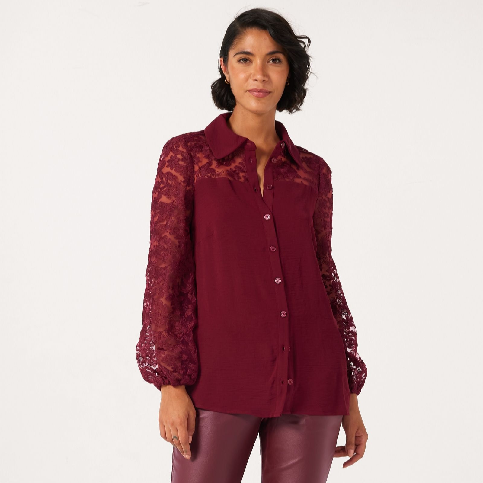 Nina Leonard Black Balloon Sleeve Embellished Mesh Shirt