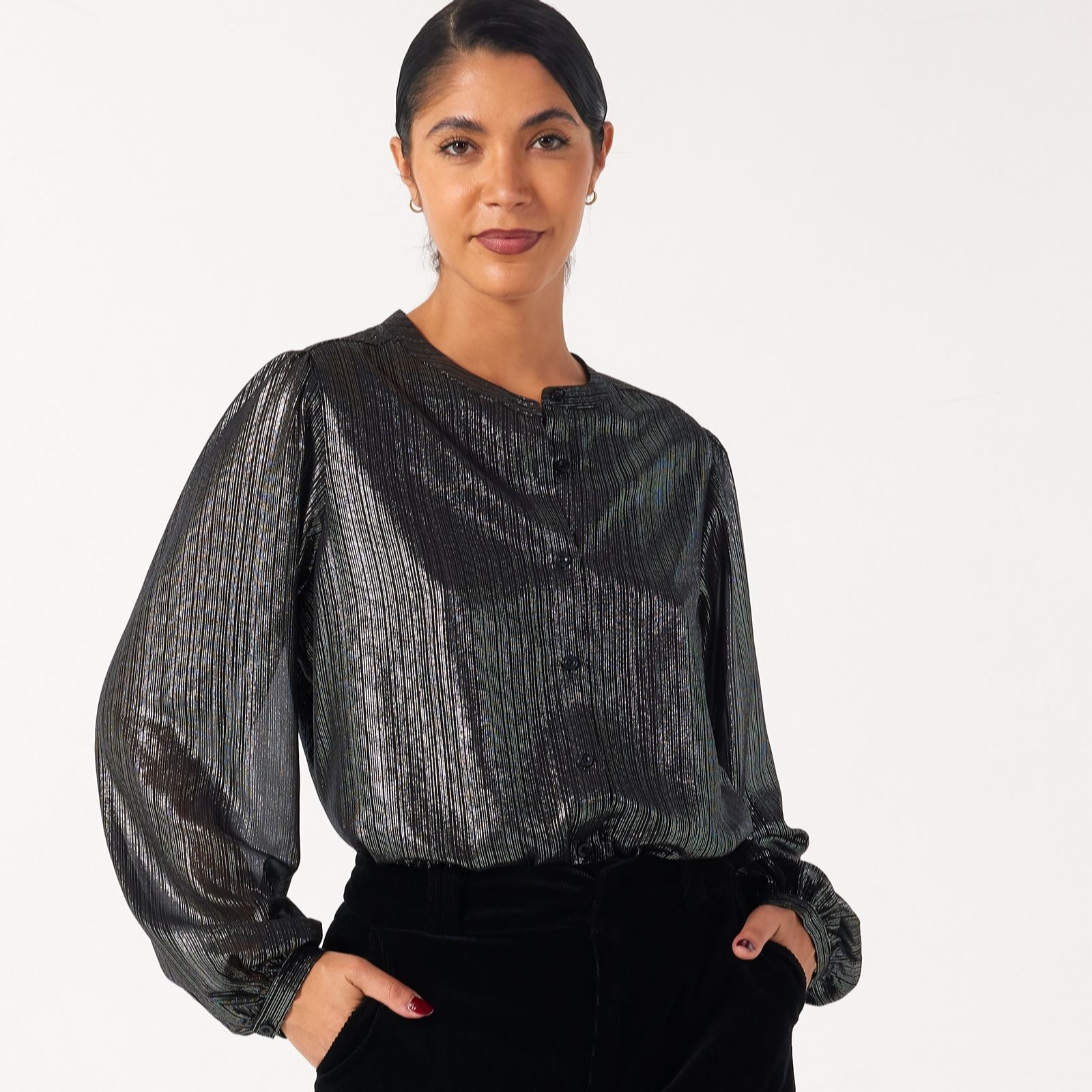 Ben De Lisi Black Metallic Grandad Collar Blouse