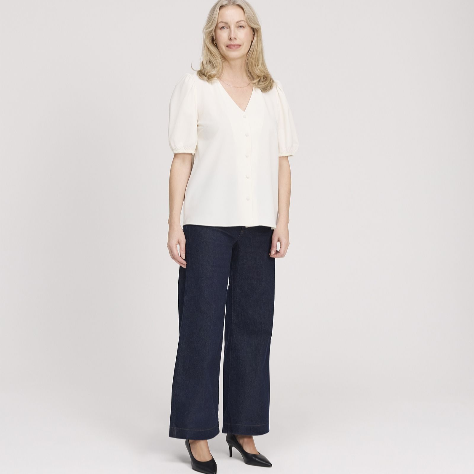 Finery London Fleur Crepe Button Through Puff Sleeve Top women's