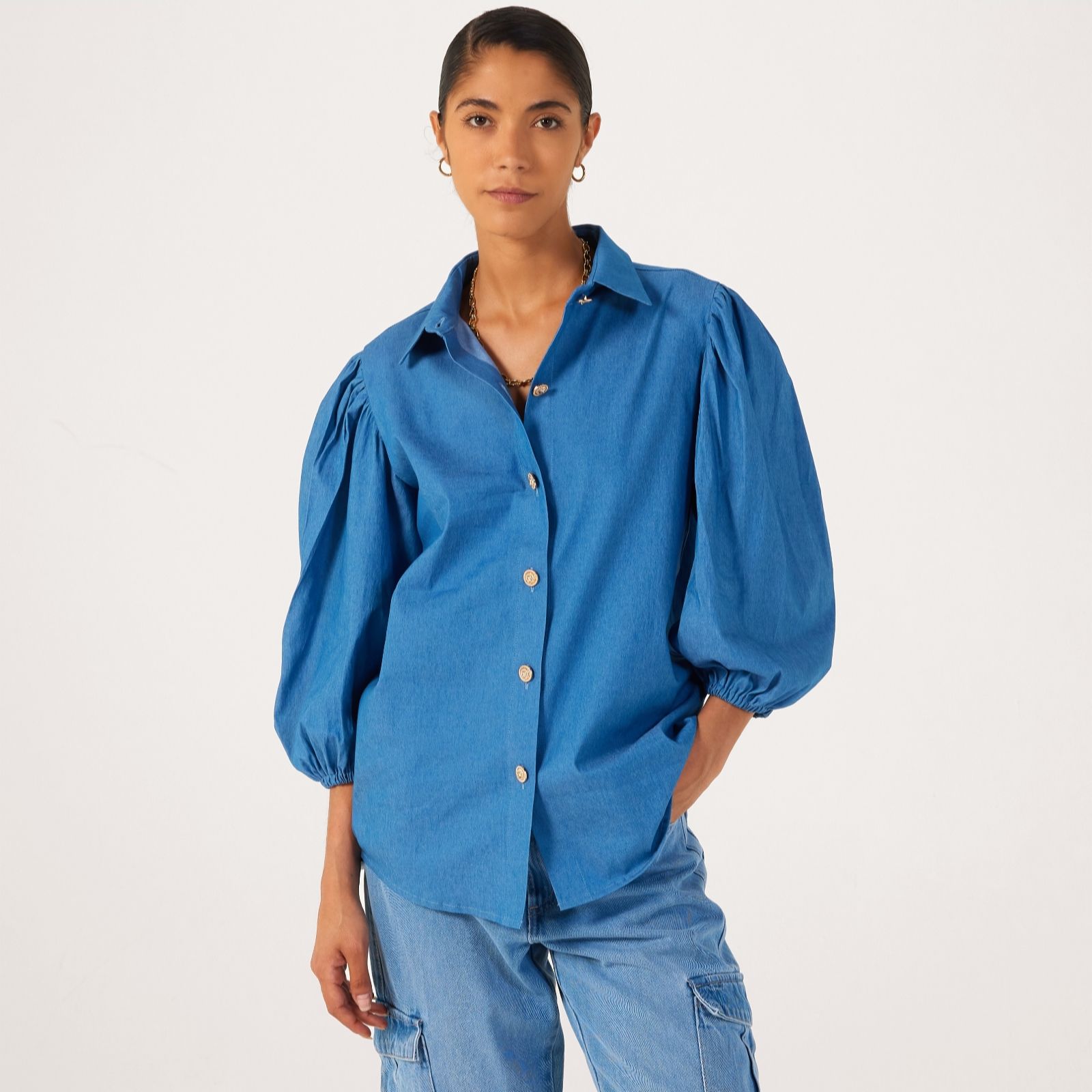 Helene Berman Gold Button Denim Blouse