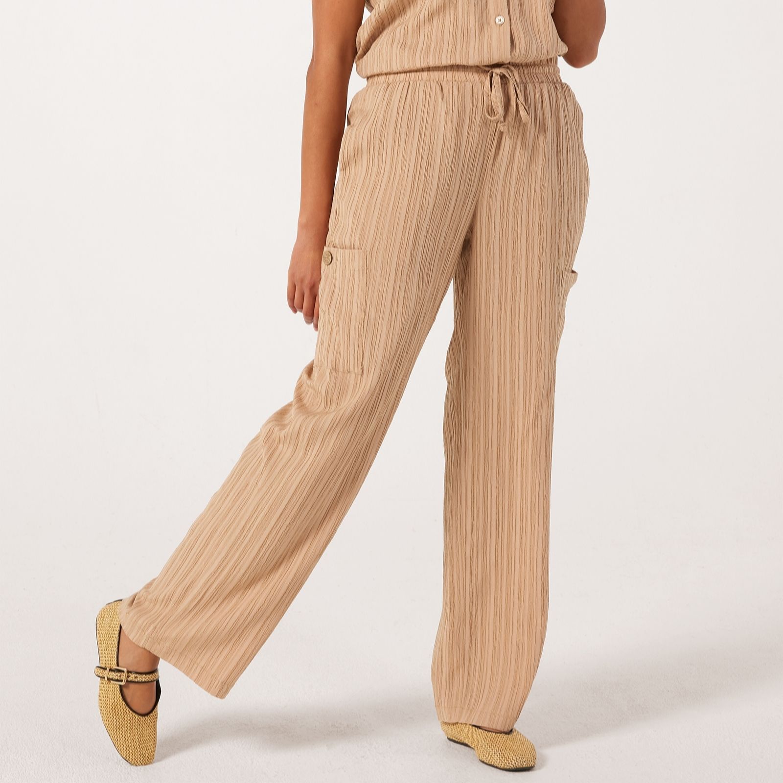 Nina Leonard Navy Drawstring Waist Crushed Woven Cargo Trousers