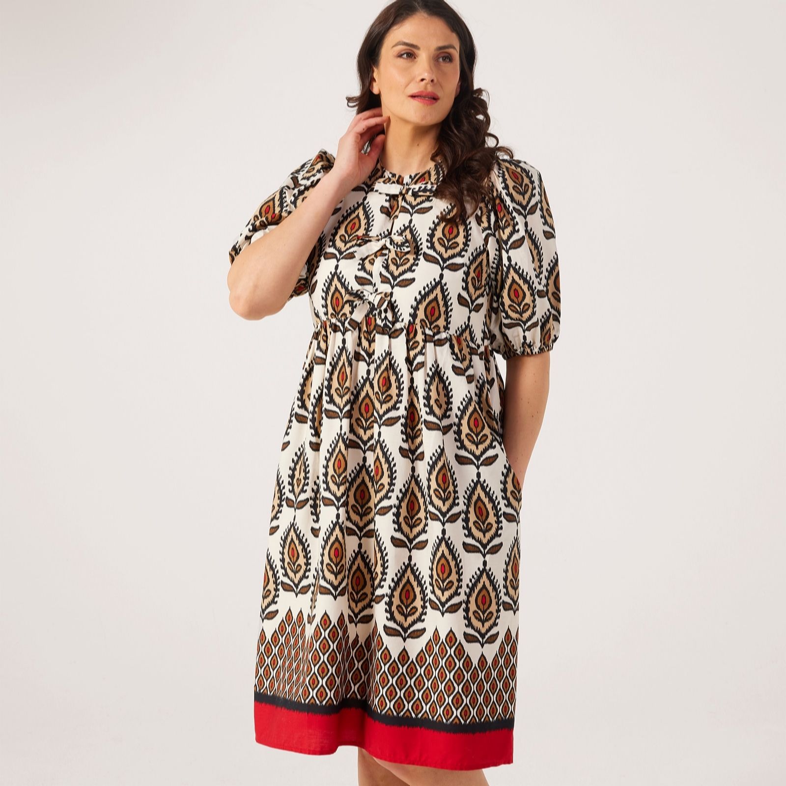 Helene Berman Printed Boarder Tie Front Dress with Puff Sleeve