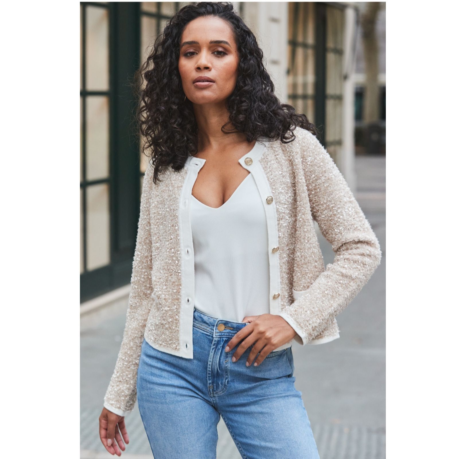 Sosandar Neutral Boucle Gold Button Trophy Cardigan