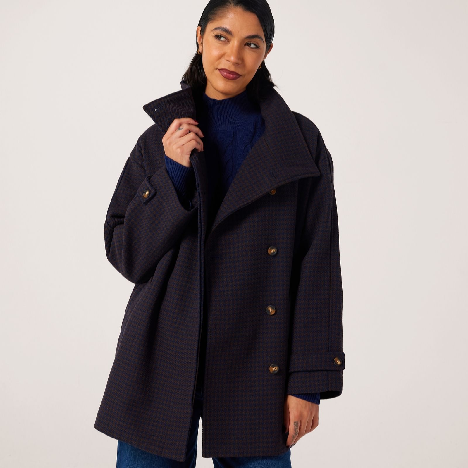 Ben De Lisi Navy Chocolate Houndstooth Funnel Neck Houndstooth Coat