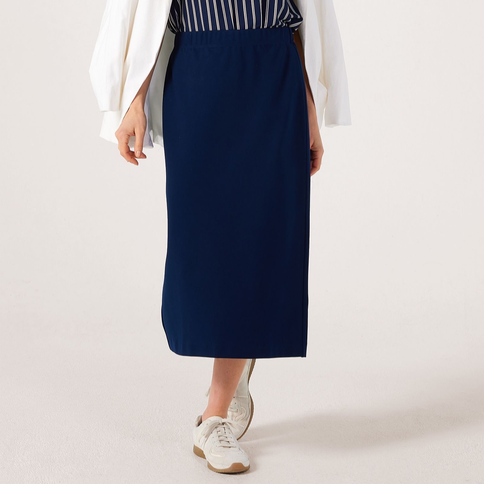 Kim & Co Black Stretch Ponte Jersey Midi Skirt With Back Slit