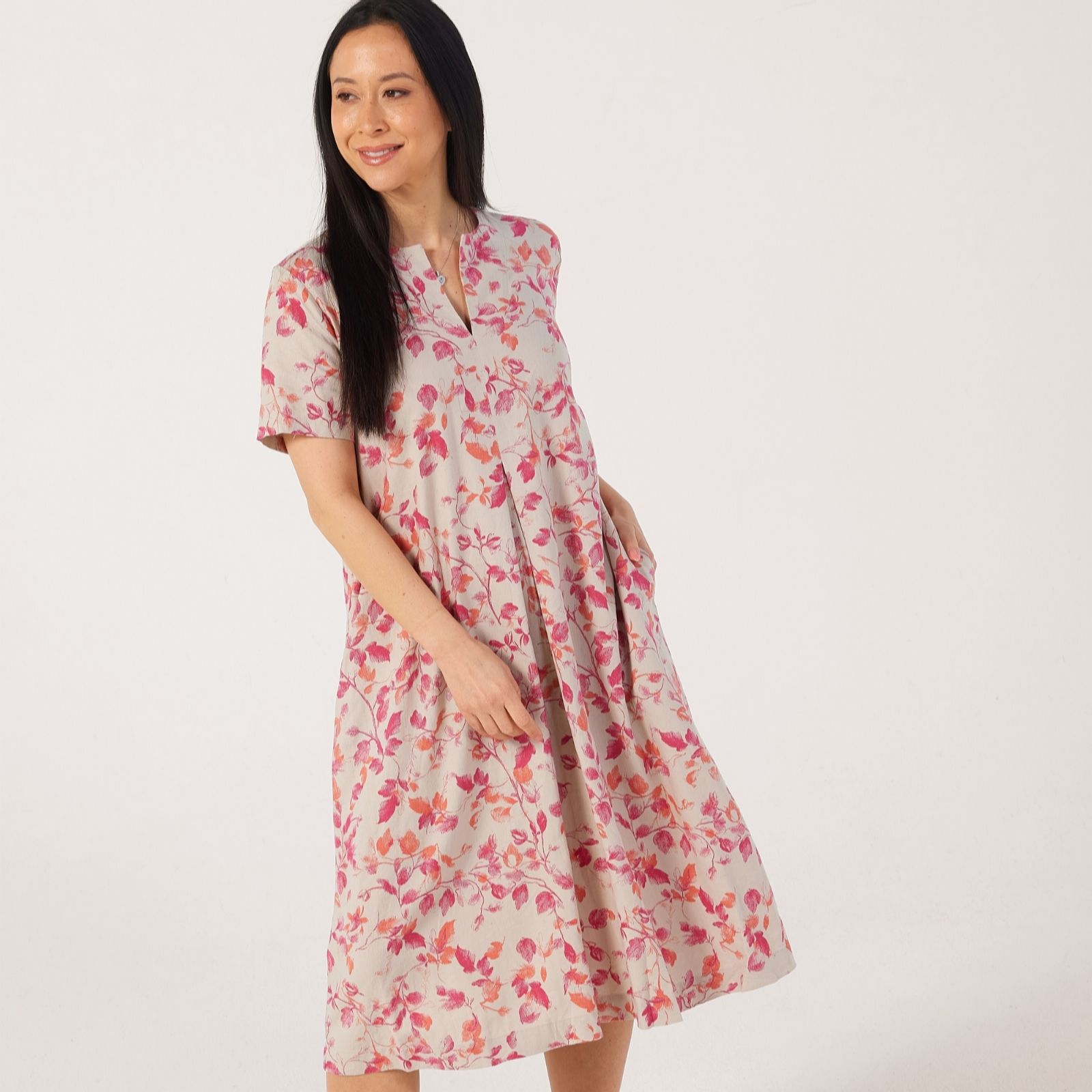 Masai Copenhagen Pink Natural Nipani Linen Blend Printed Midi Dress