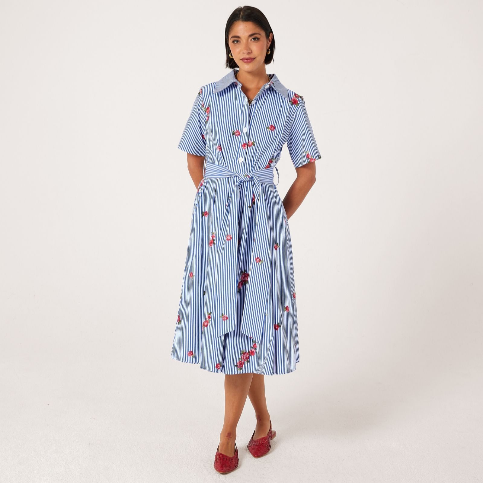 Helene Berman Blue Stripe Short Sleeve Striped Dress With Floral Embroidery