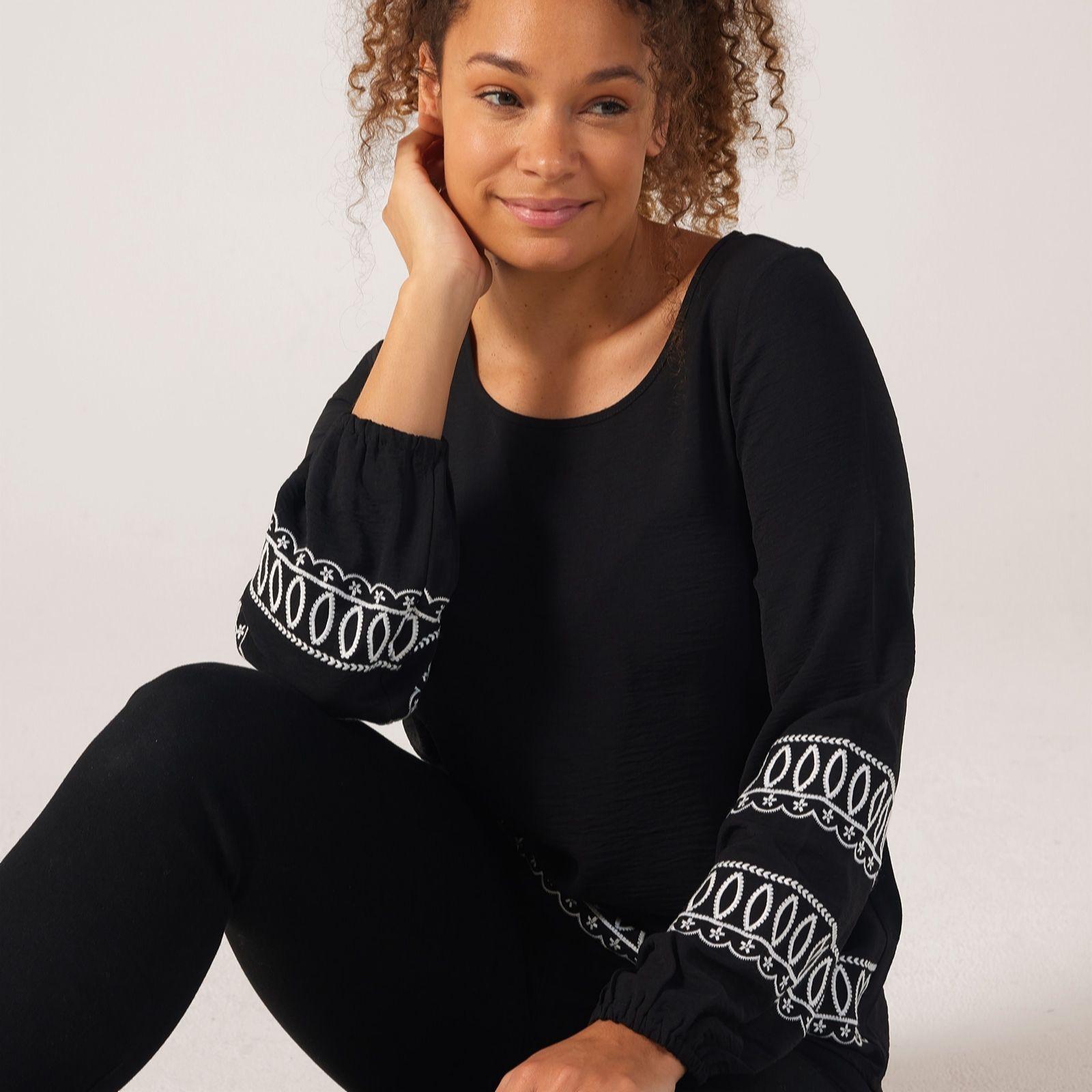Nina Leonard Plum Embroidered Tunic With Long Balloon Sleeves