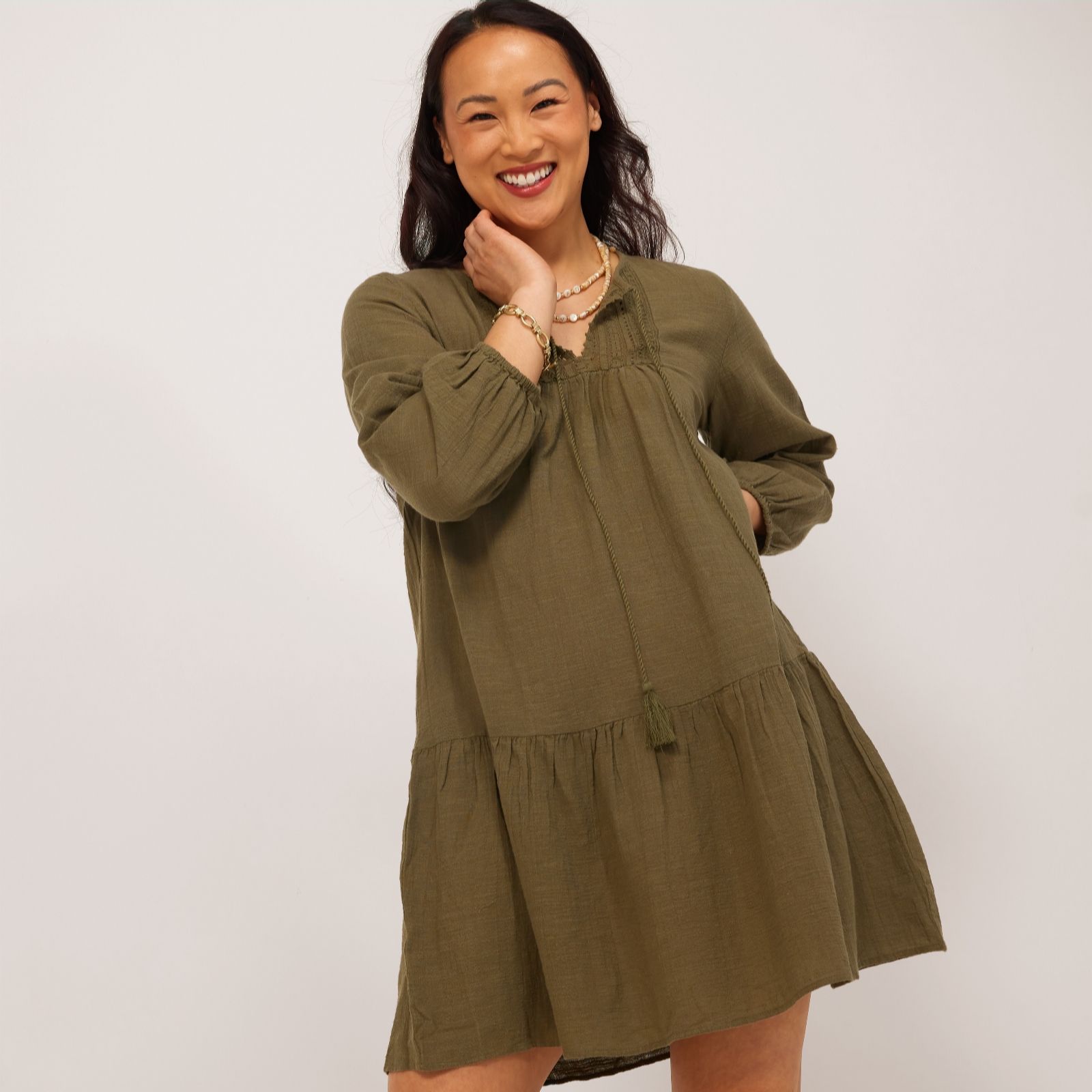 ONLY 3/4 Sleeve Tie Neck Detail Dress women's
