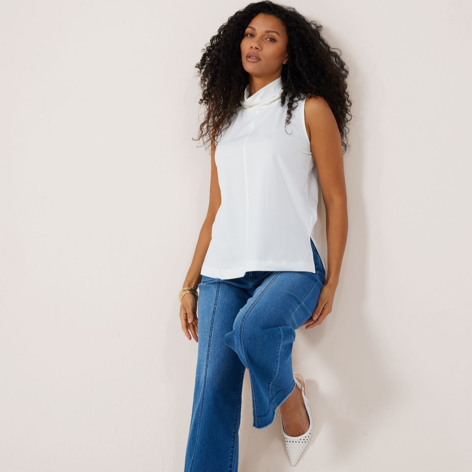 Marlawynne Poppy Cotton Span Sleeveless Mock Neck