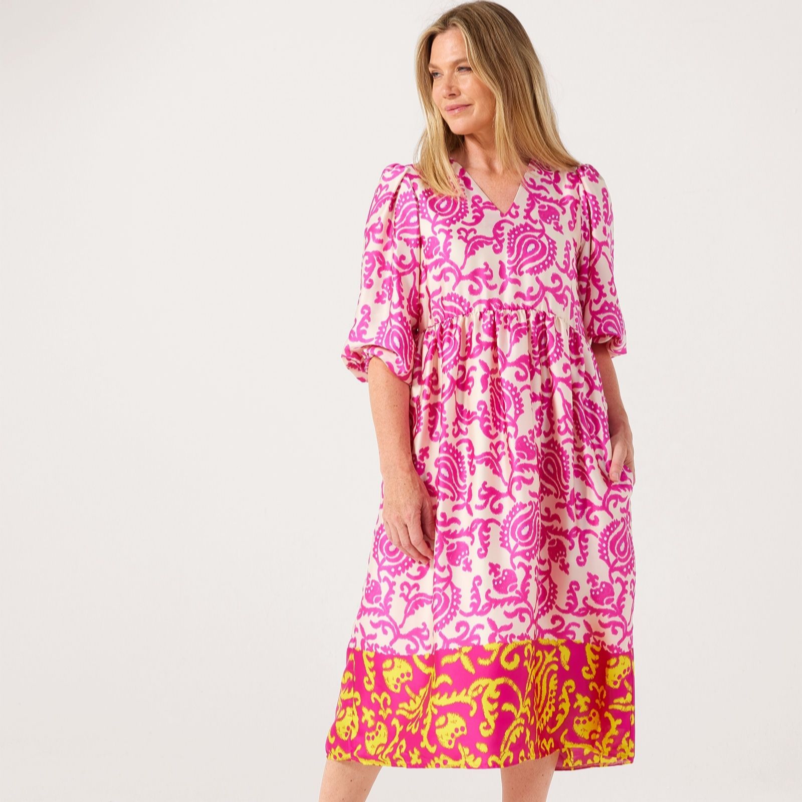 Helene Berman Pink Yellow Boarder Print Round Neck Midi Dress