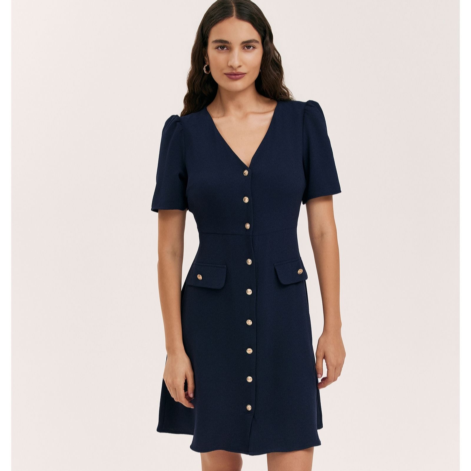Finery Black London Lucille Rich Crepe Button Through Knee Length Dress