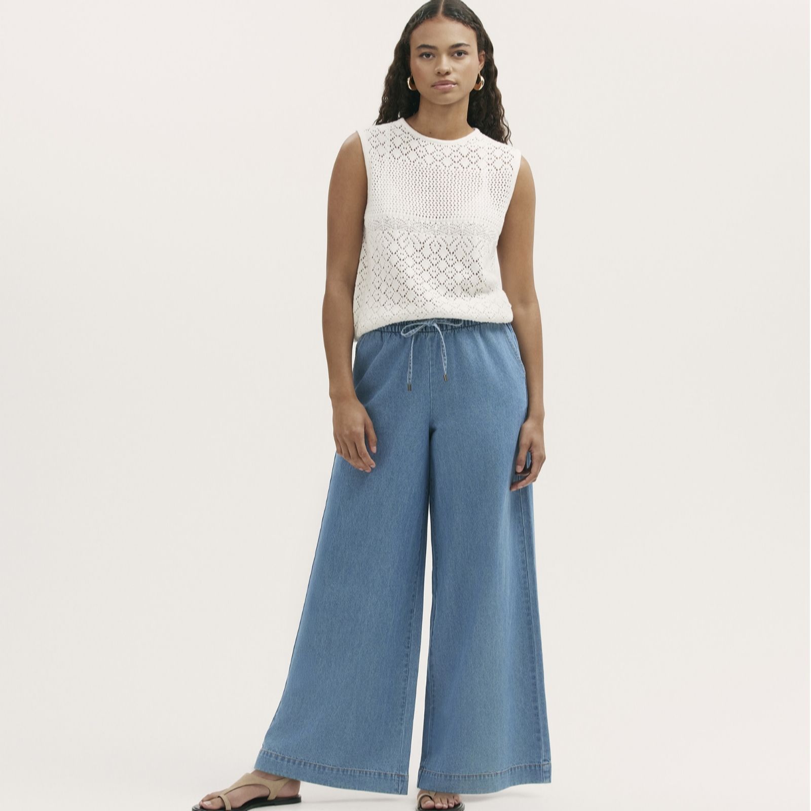 Finery London Dixie Denim Wide Leg Trousers with Drawstring Waist S... women's