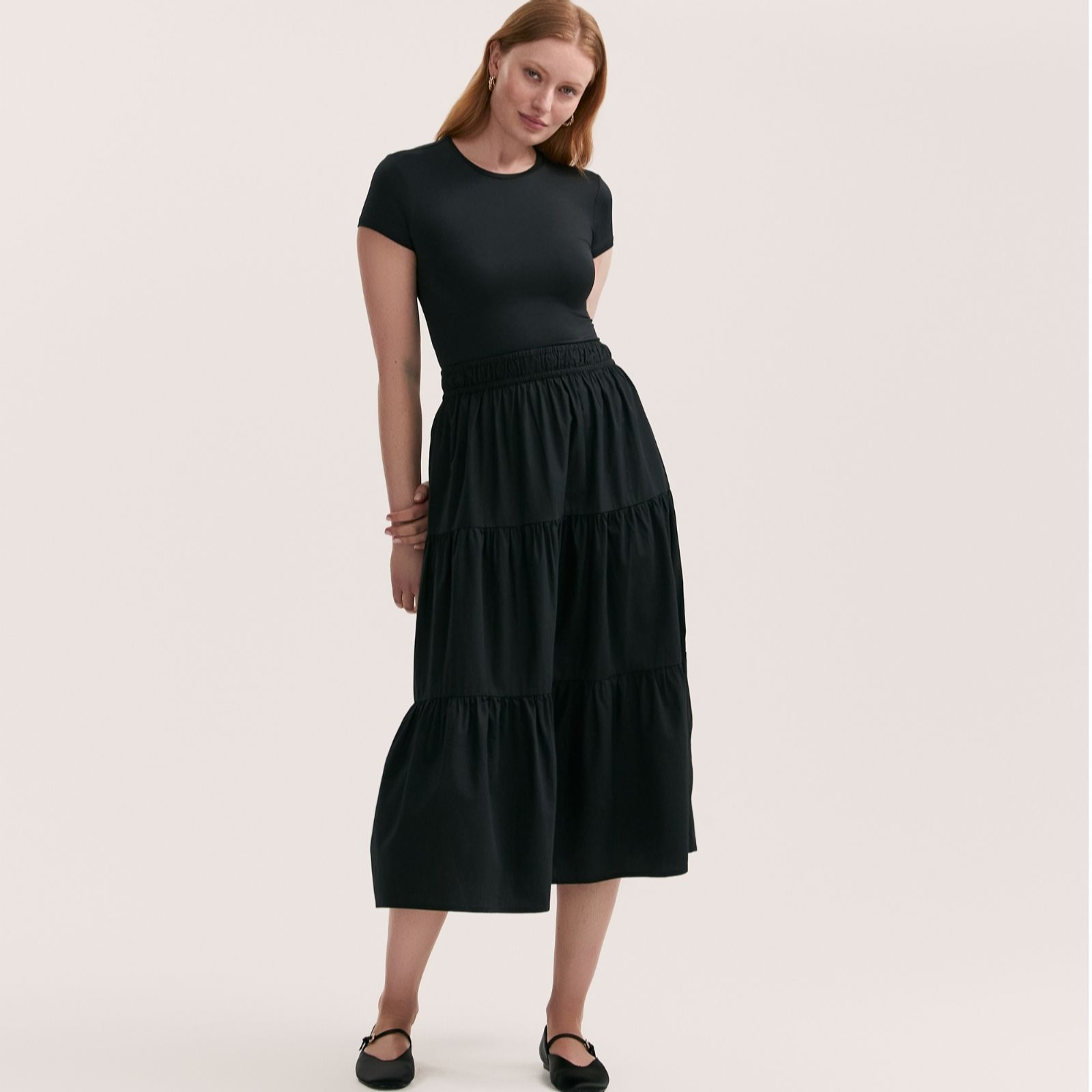 Finery London Herleen Cotton Popplin Stretch Waist Tiered Skirt
