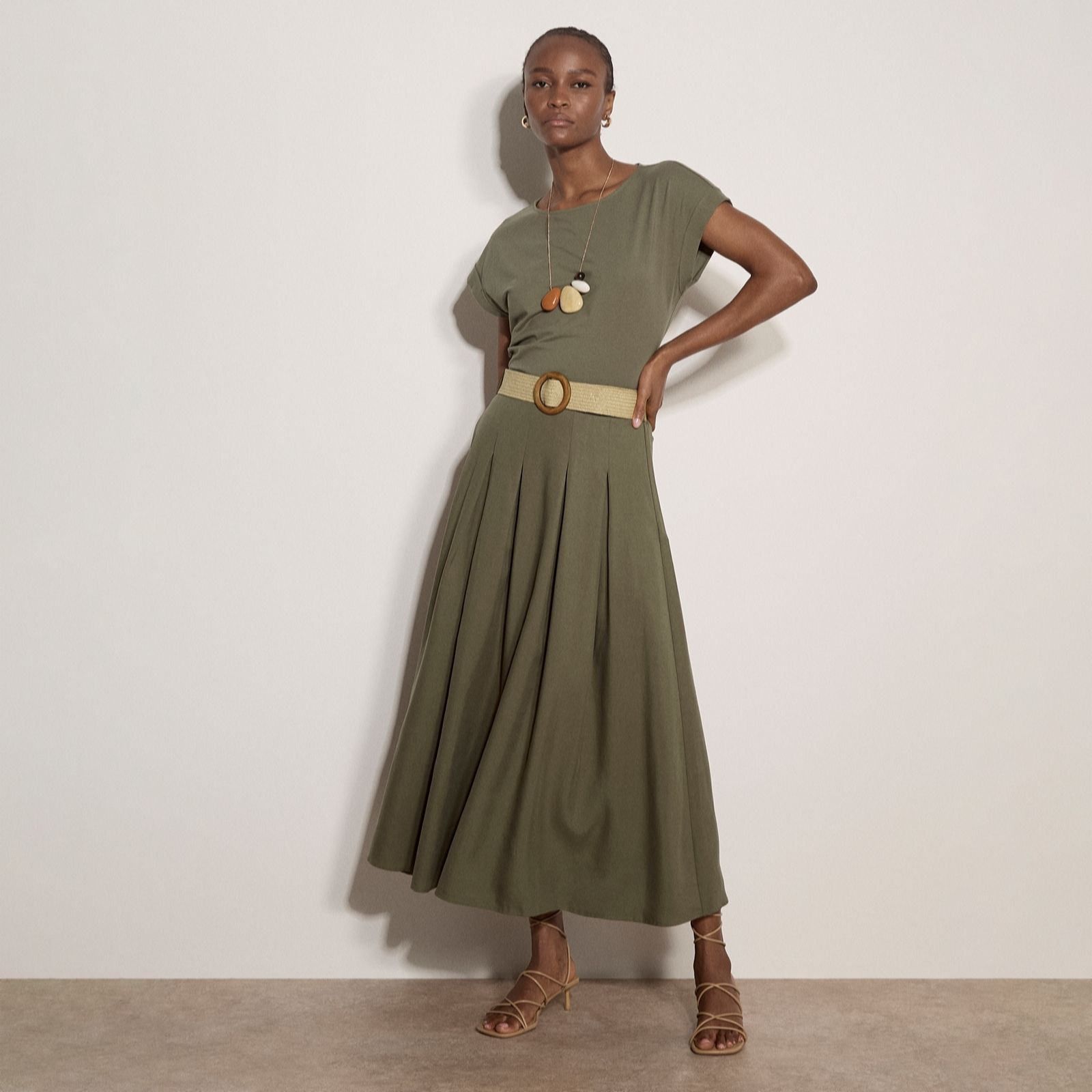 Apricot Khaki Boho Slub Belted Midi Skirt