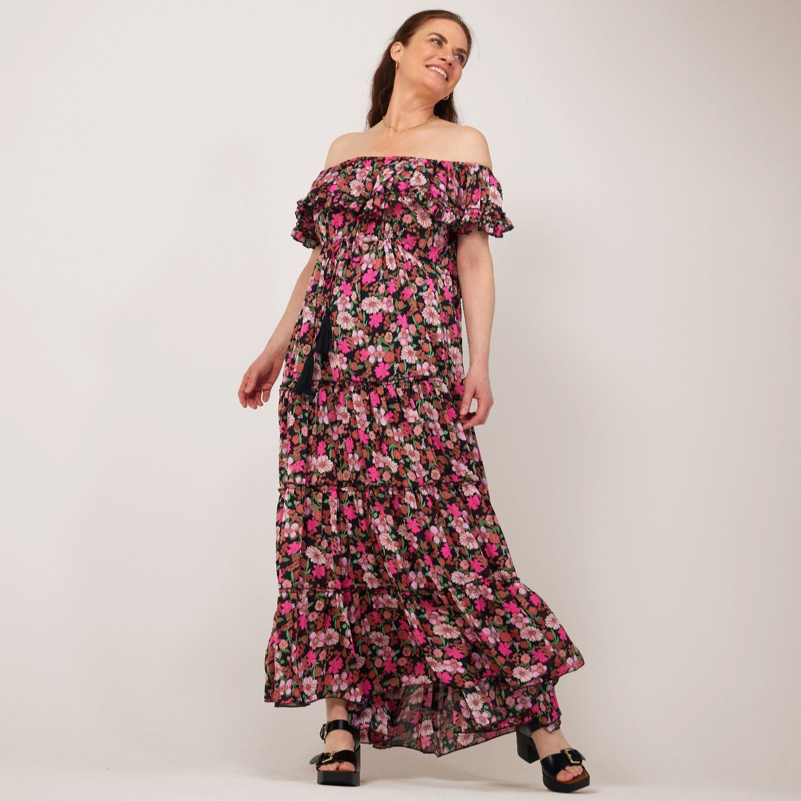 Malissa J Bardot Style Maxi Printed Dress with Sequin & Tiered Detail