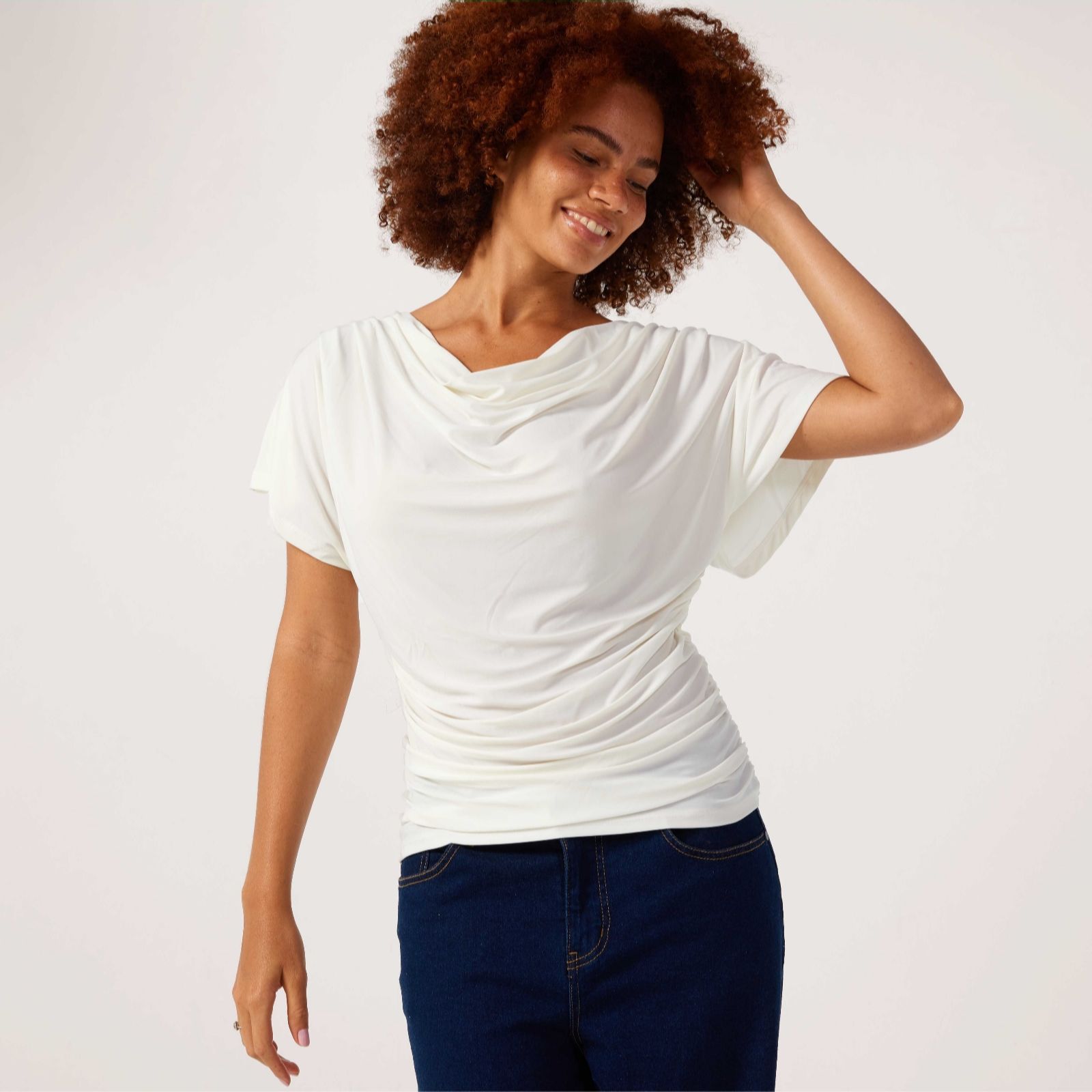 Nina Leonard Black Short Dolman Sleeve Draped Neck Top With Shirring