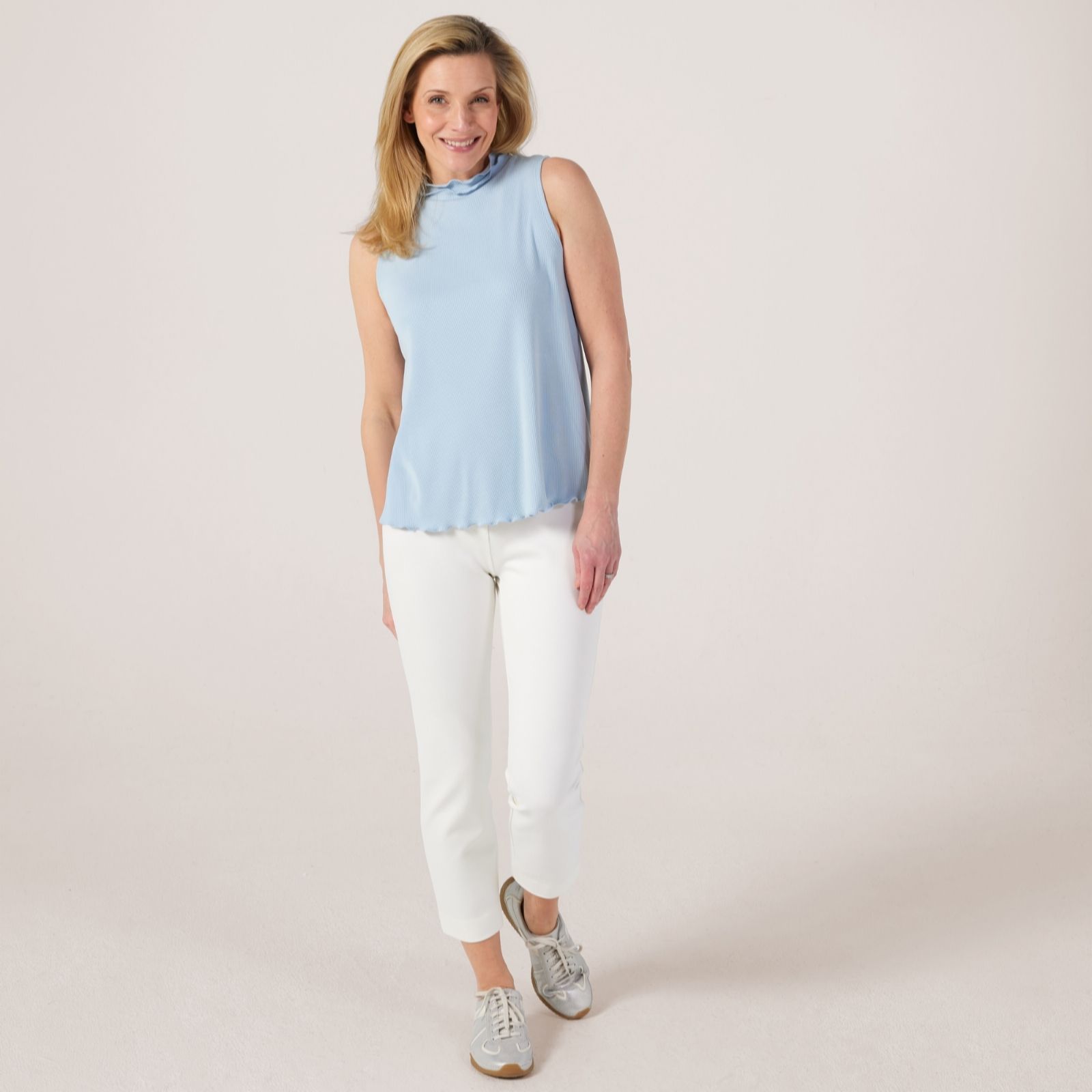 Kim & Co Dusky,Rose Soft Rib Knit Frill Neck Sleeveless Top