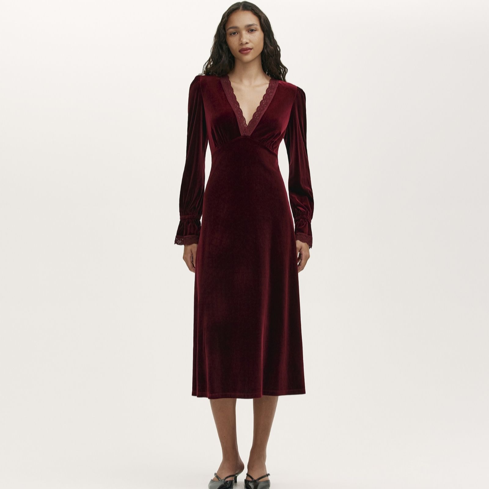 Finery London Lousie Stretch Velvet Lace Detail Midi Dress women's