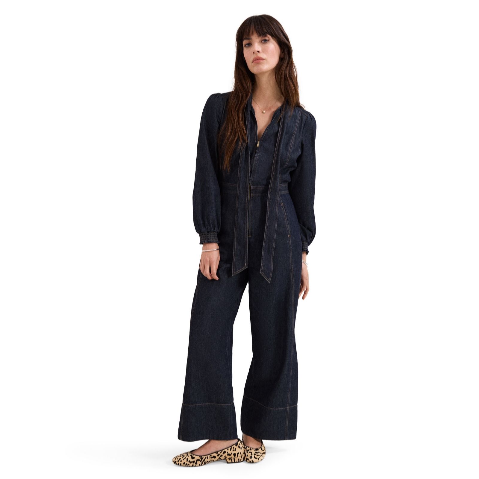 Phase Eight Indigo Patricia Cotton Pussy Bow Denim Jumpsuit