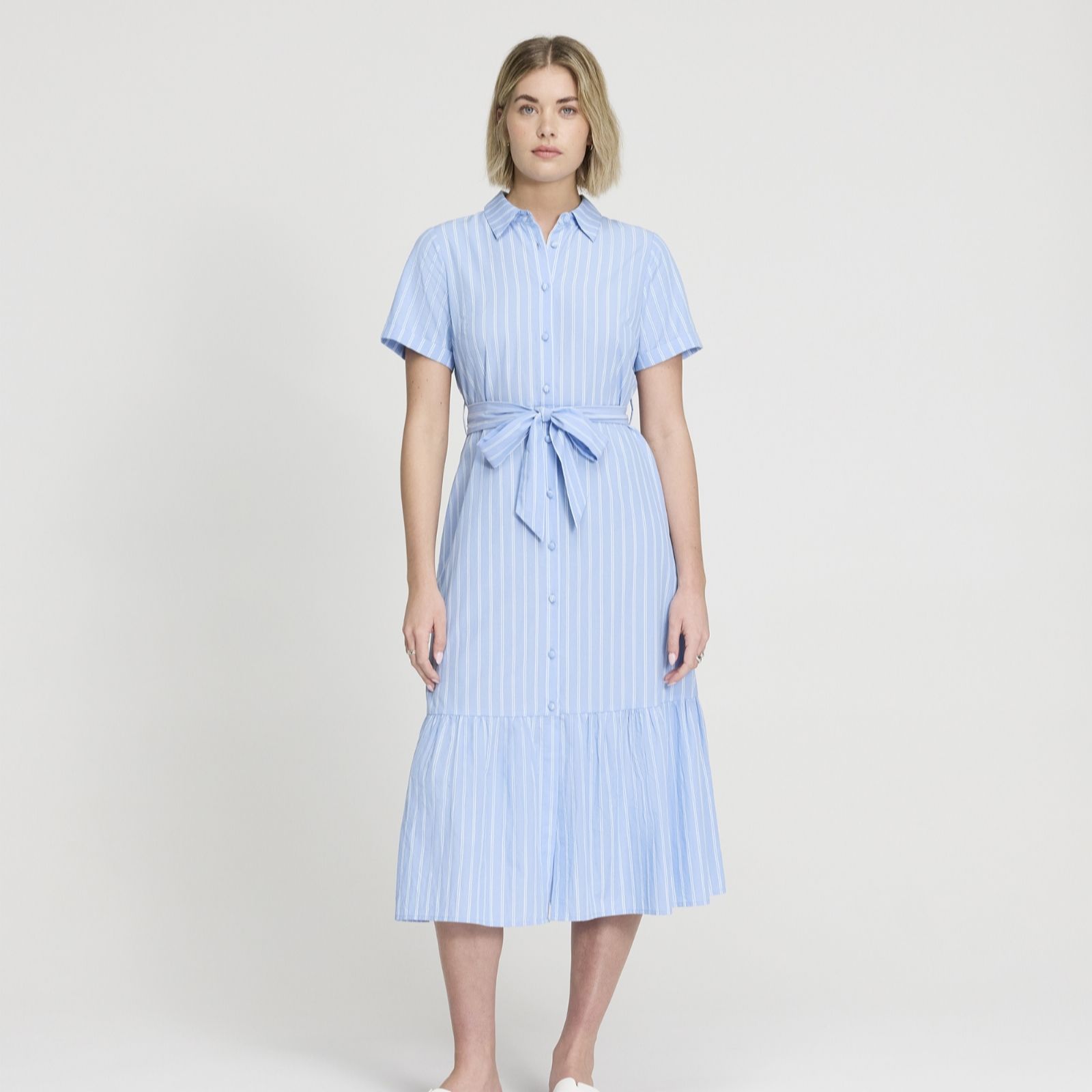 Finery London Aisling Blue Stripe 100% Cotton Poplin Shirt Dress St... women's