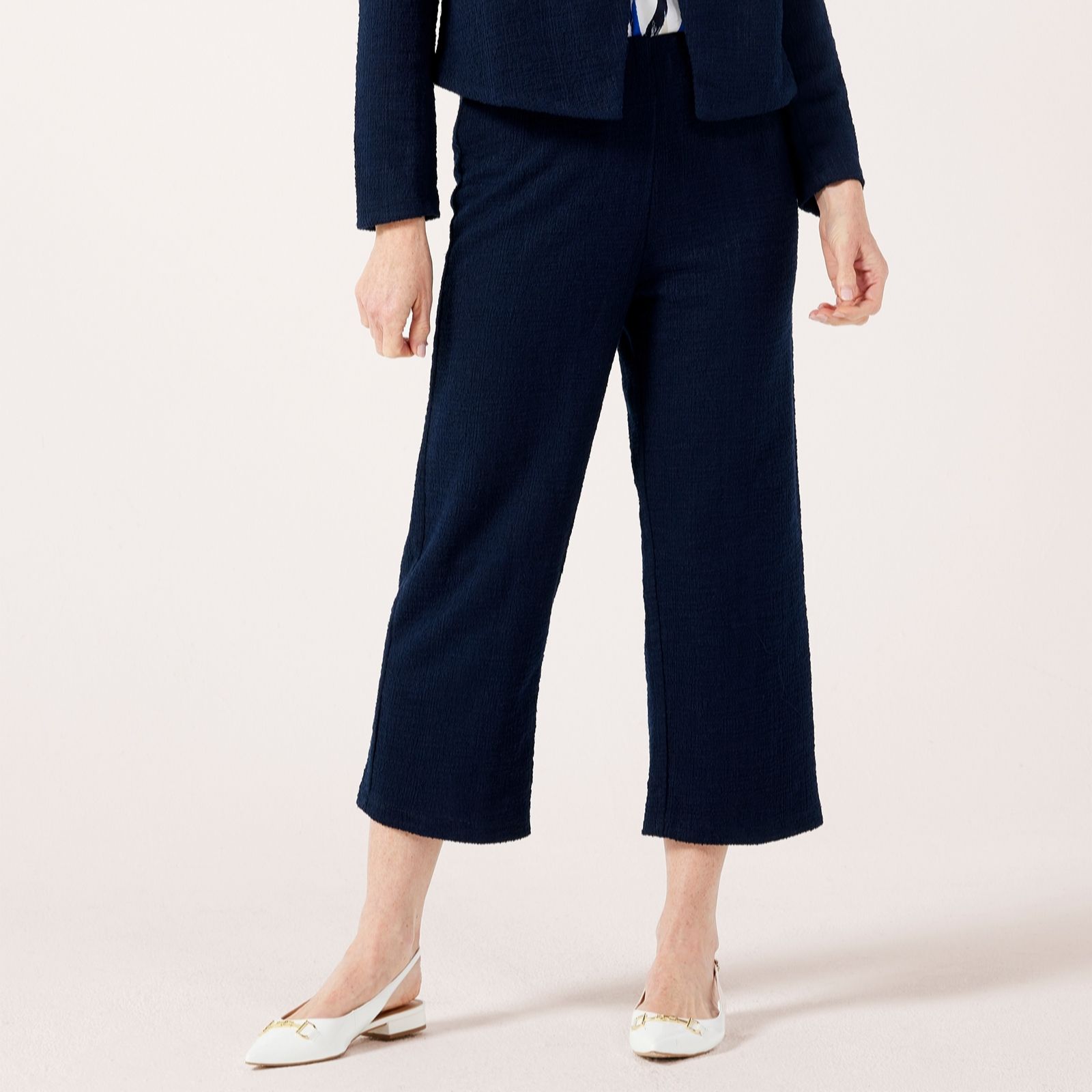 Kim & Co Black Textured Boucle Cropped Yelena Wide Leg Petite Trousers