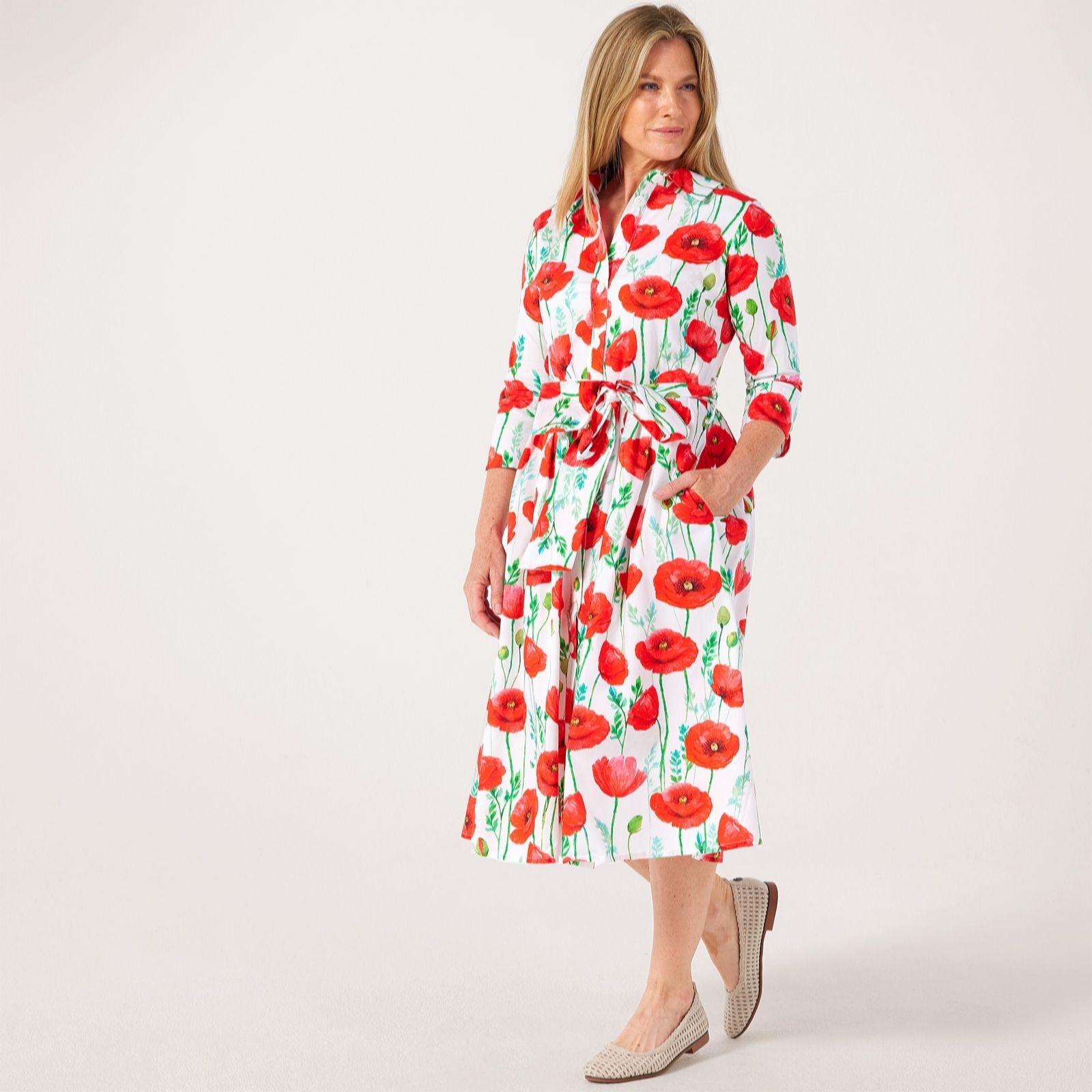 Helene Berman Black Poppy Cotton Poplin Red Poppy Print Shirt Dress