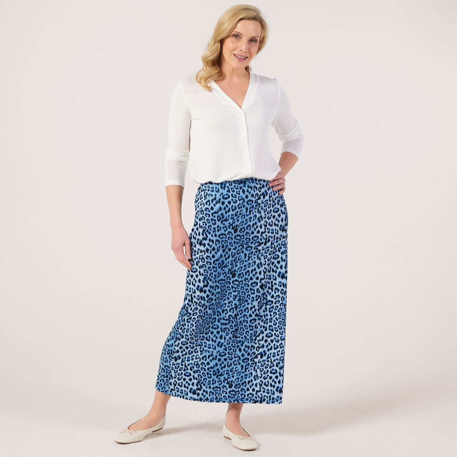 Kim & Co Blue Multi Printed Poly Slinky A-Line Long Skirt