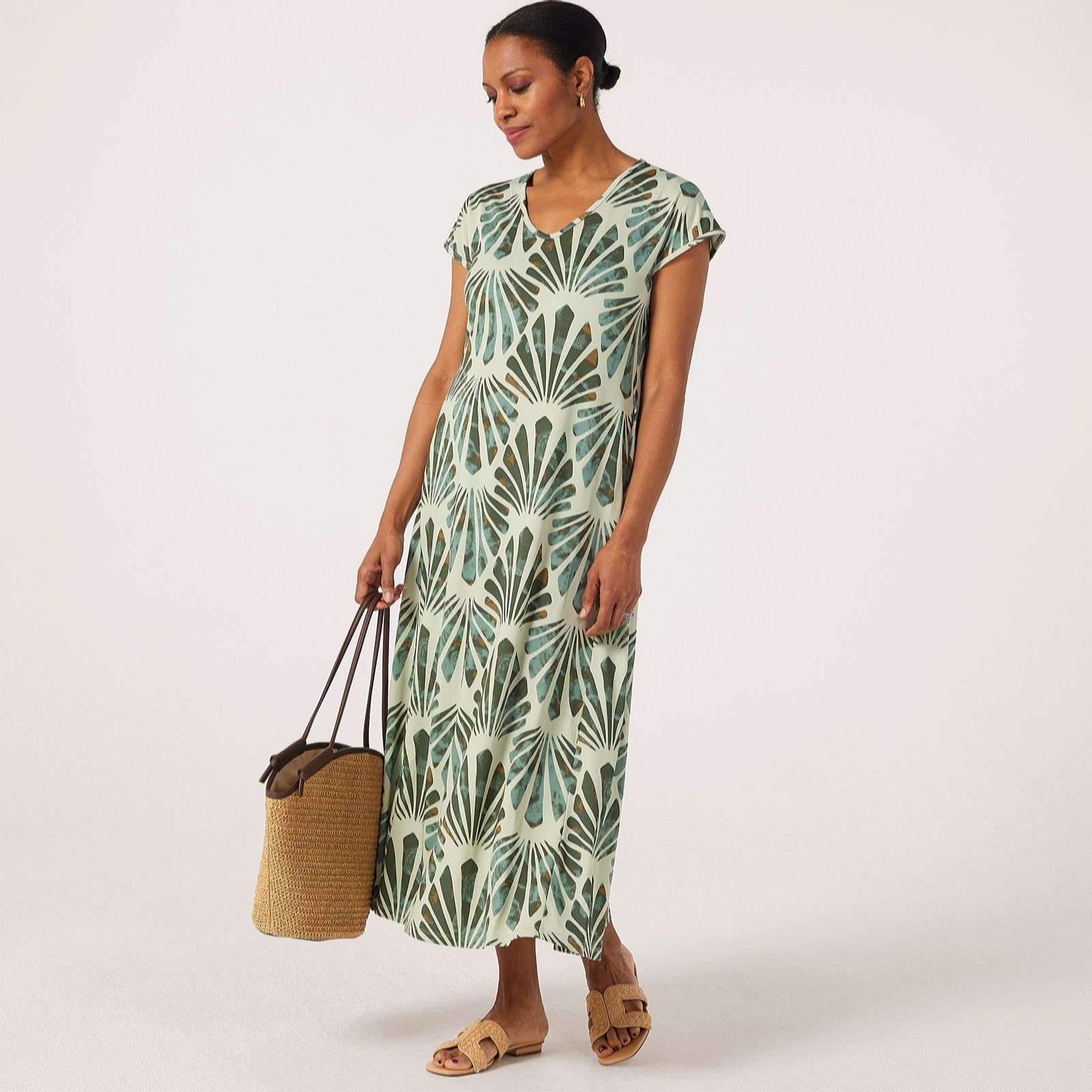 Kim & Co Blue Multi Printed Brazil Knit Jersey Dolman Short Sleeve Maxi Dress