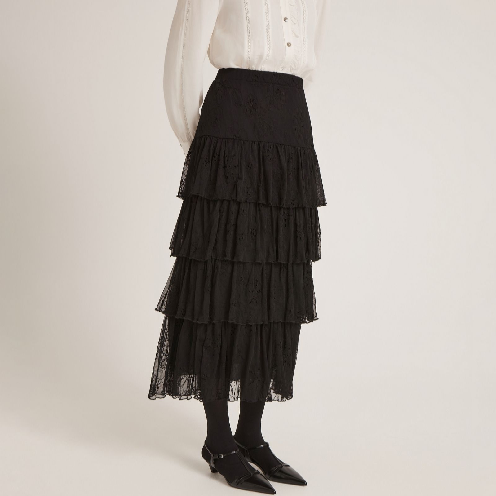 Finery Black London Elisa Lace Style Tiered Midi Skirt