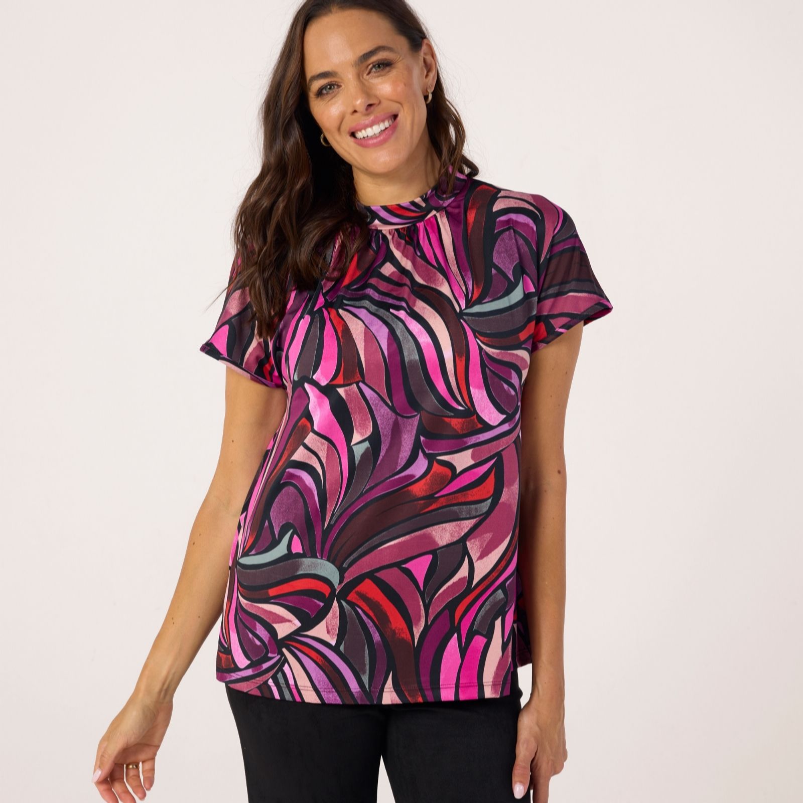 Kim & Co Printed Brazil Jersey Short Dolman Sleeve High Neck Top women's