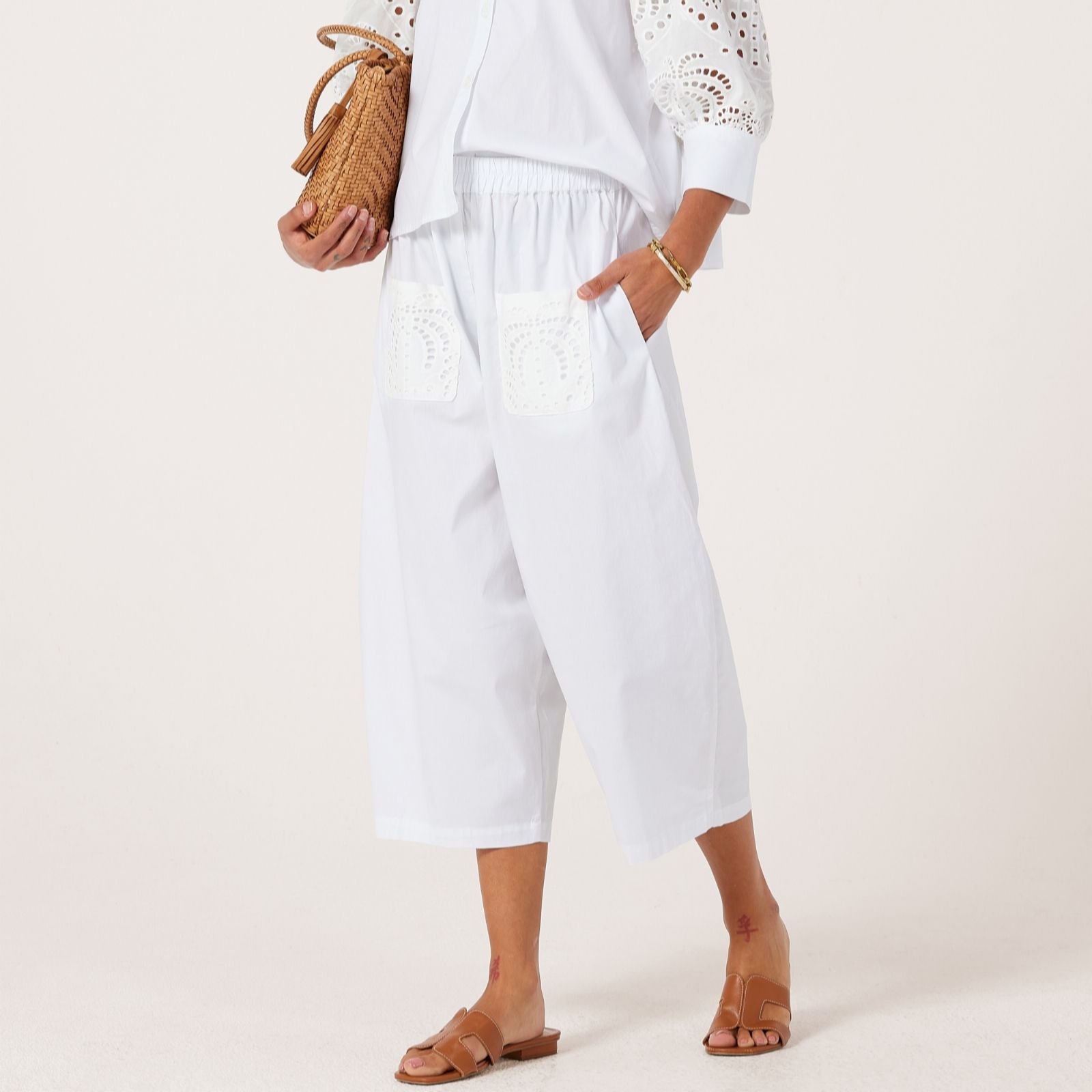 Helene Berman Black Cotton Stretch Palm Tree Broderie Barrel Style Croppe...