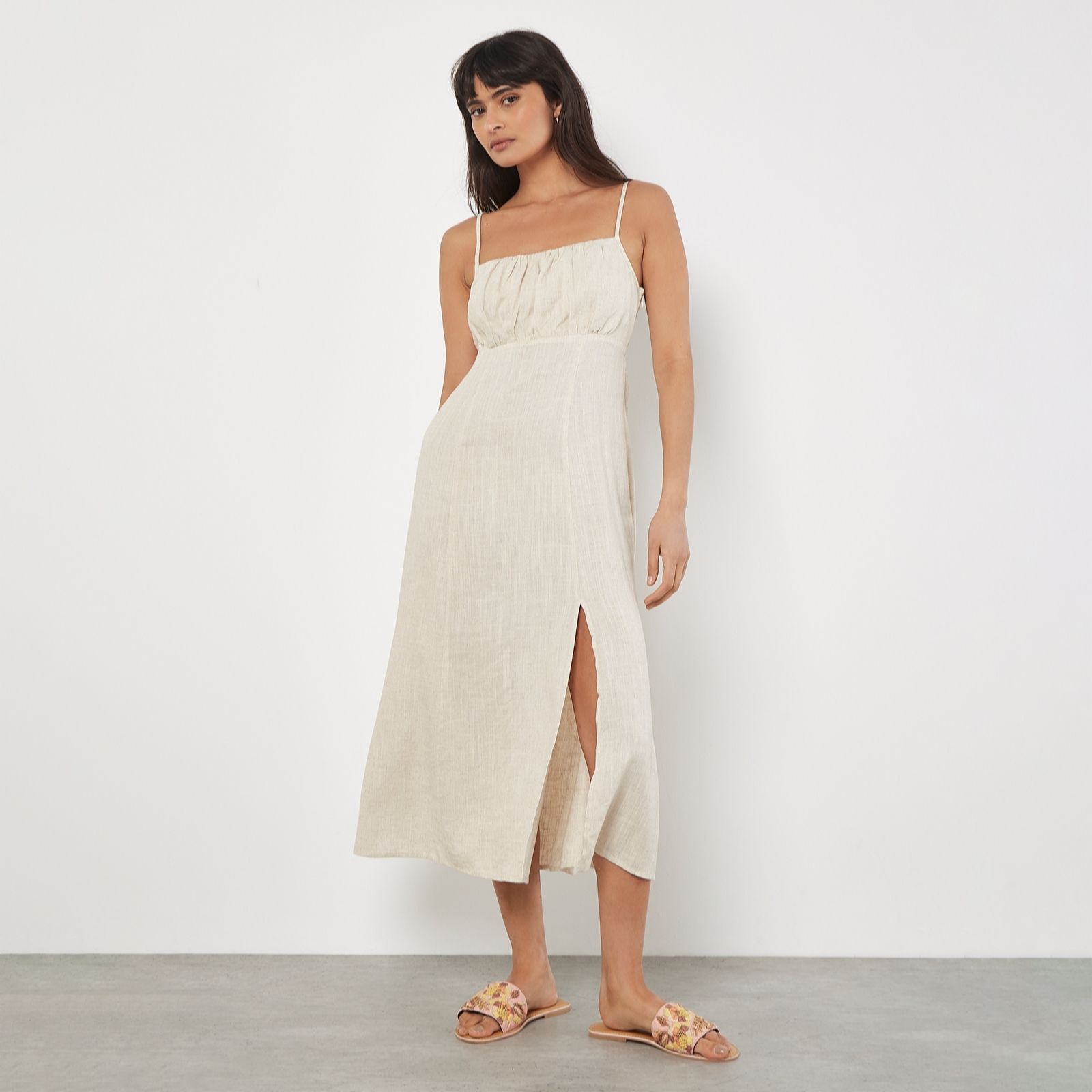 Apricot Linen Blend Dress with Side Split