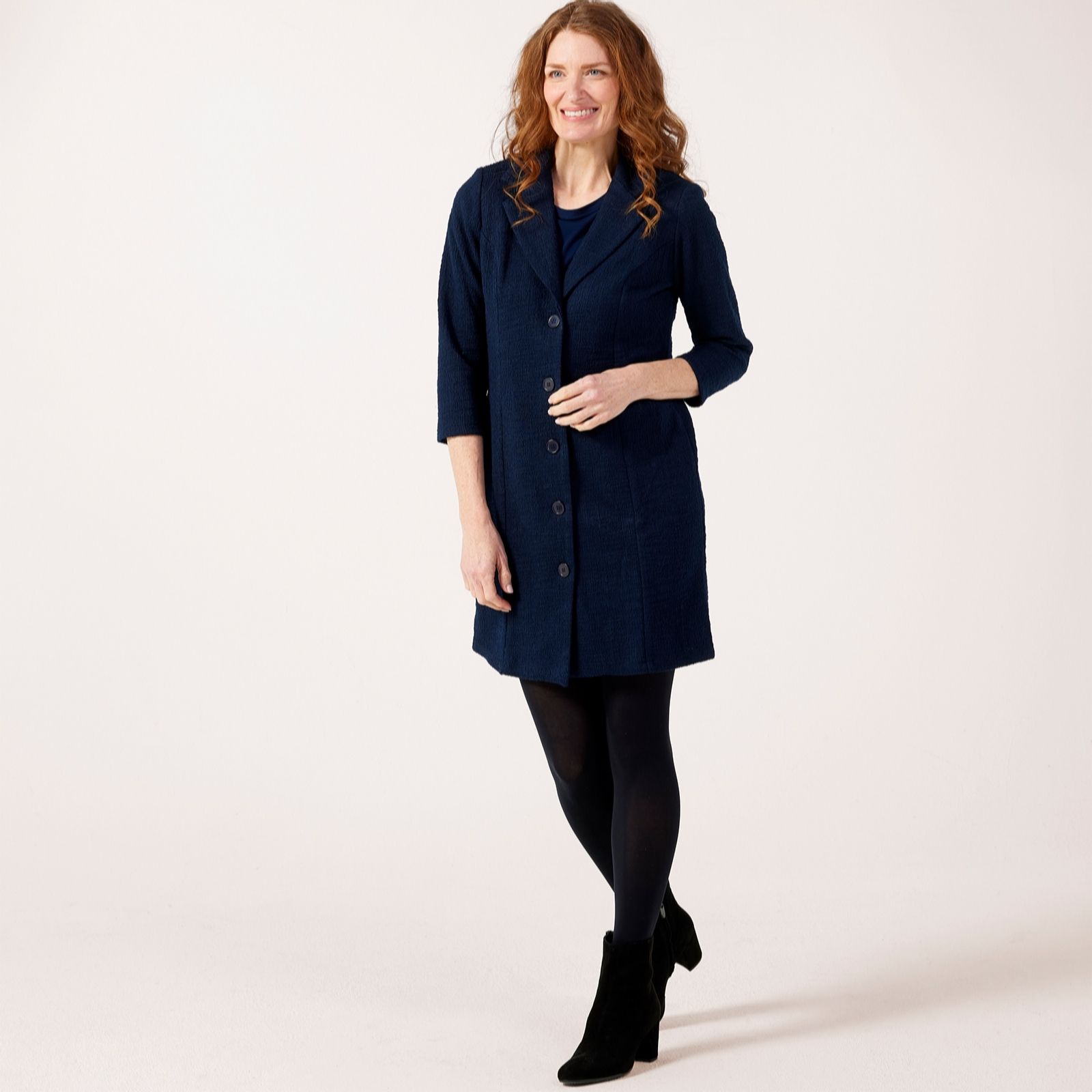 Kim & Co Textured Boucle 3/4 Sleeve Long Jacket/Dress