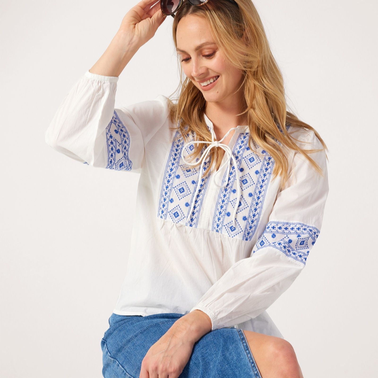 Jdy Off White Blue Lulu Embroidered Blouse
