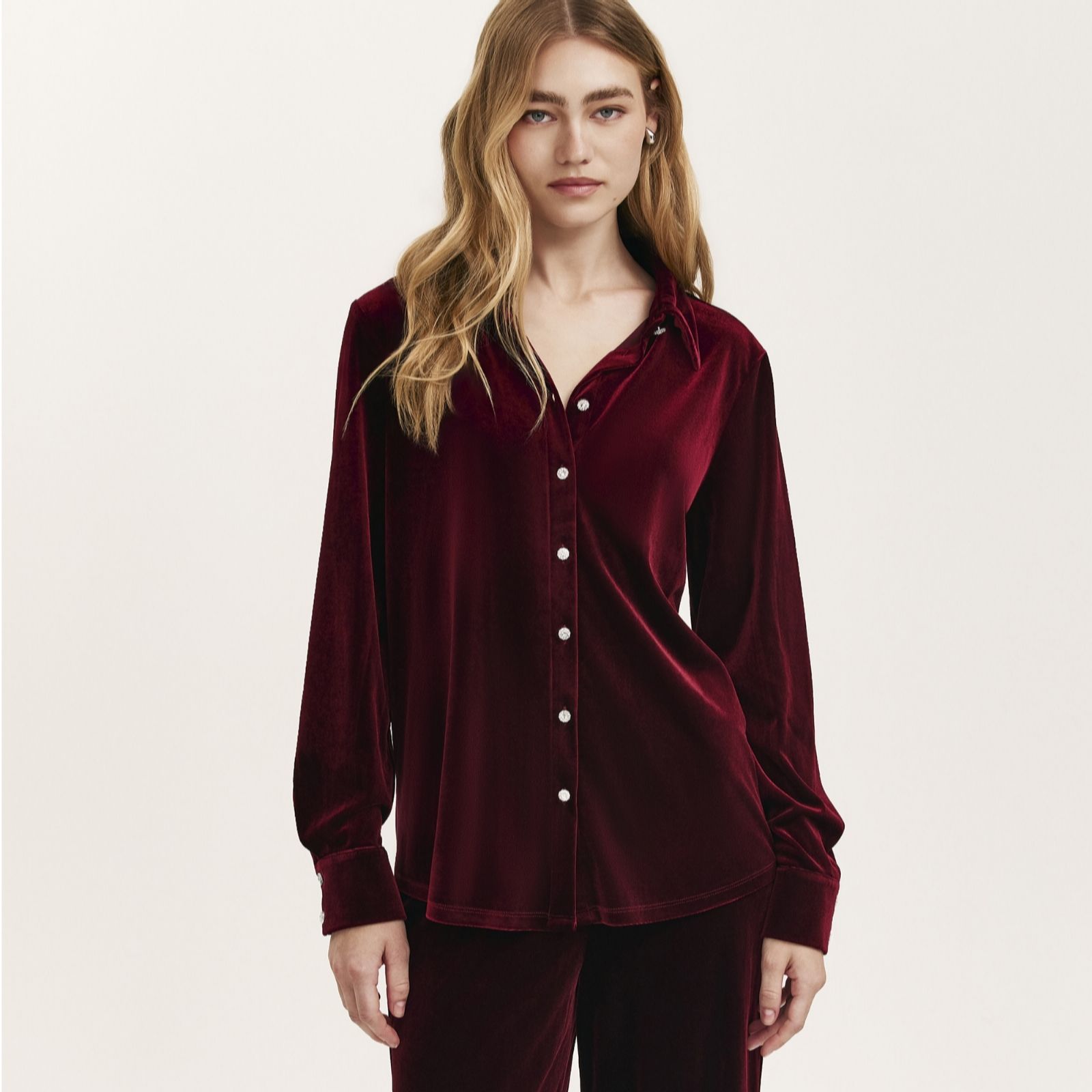 Finery London Sayge Stretch Velvet Button Up Shirt women's