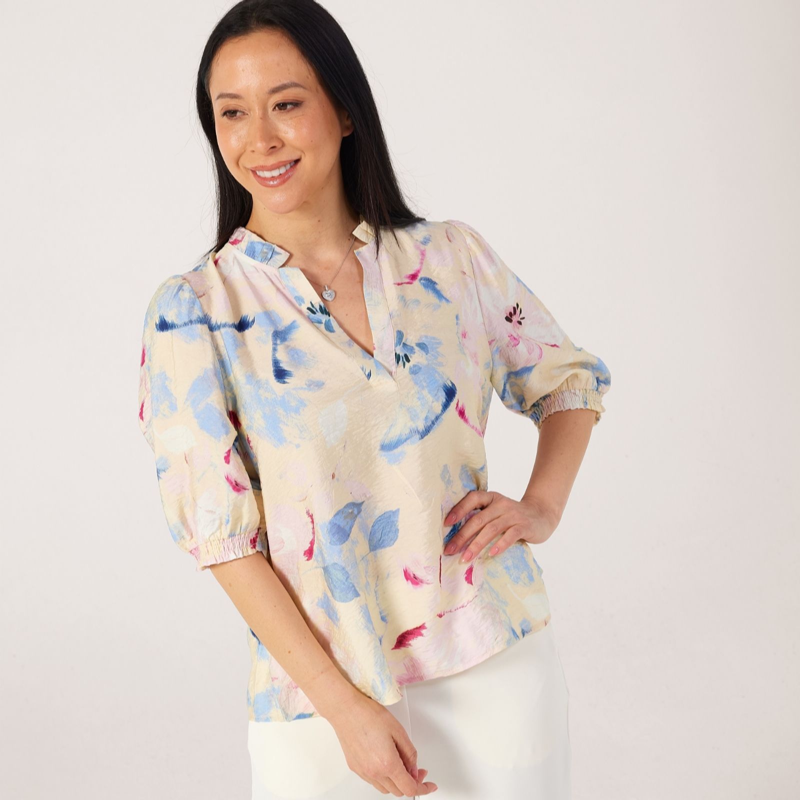 Masai Copenhagen Primrose Pink Danessa Printed Riffle Neck Top
