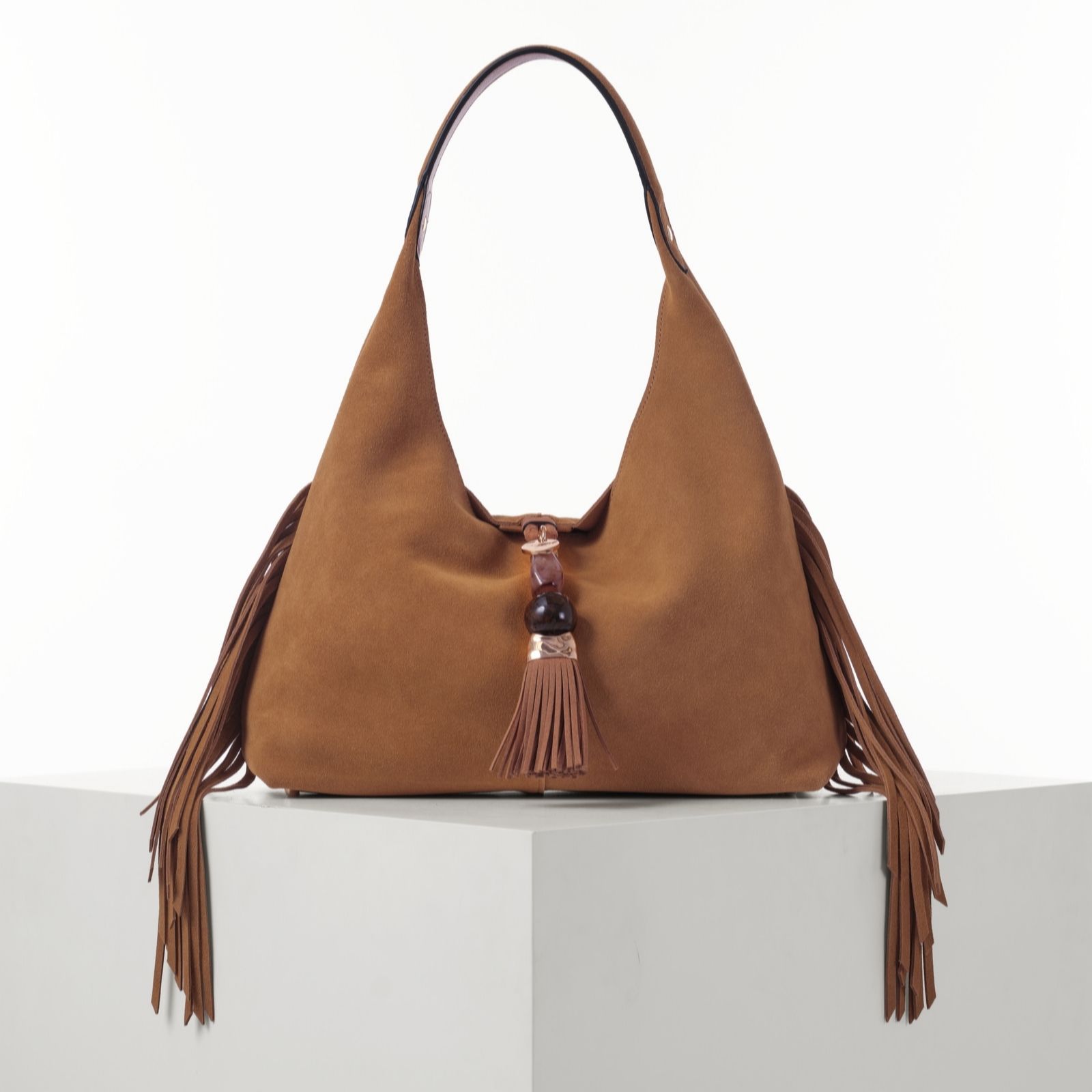 Luella Grey Camel Paloma Medium Suede Fringe Shoulder Bag