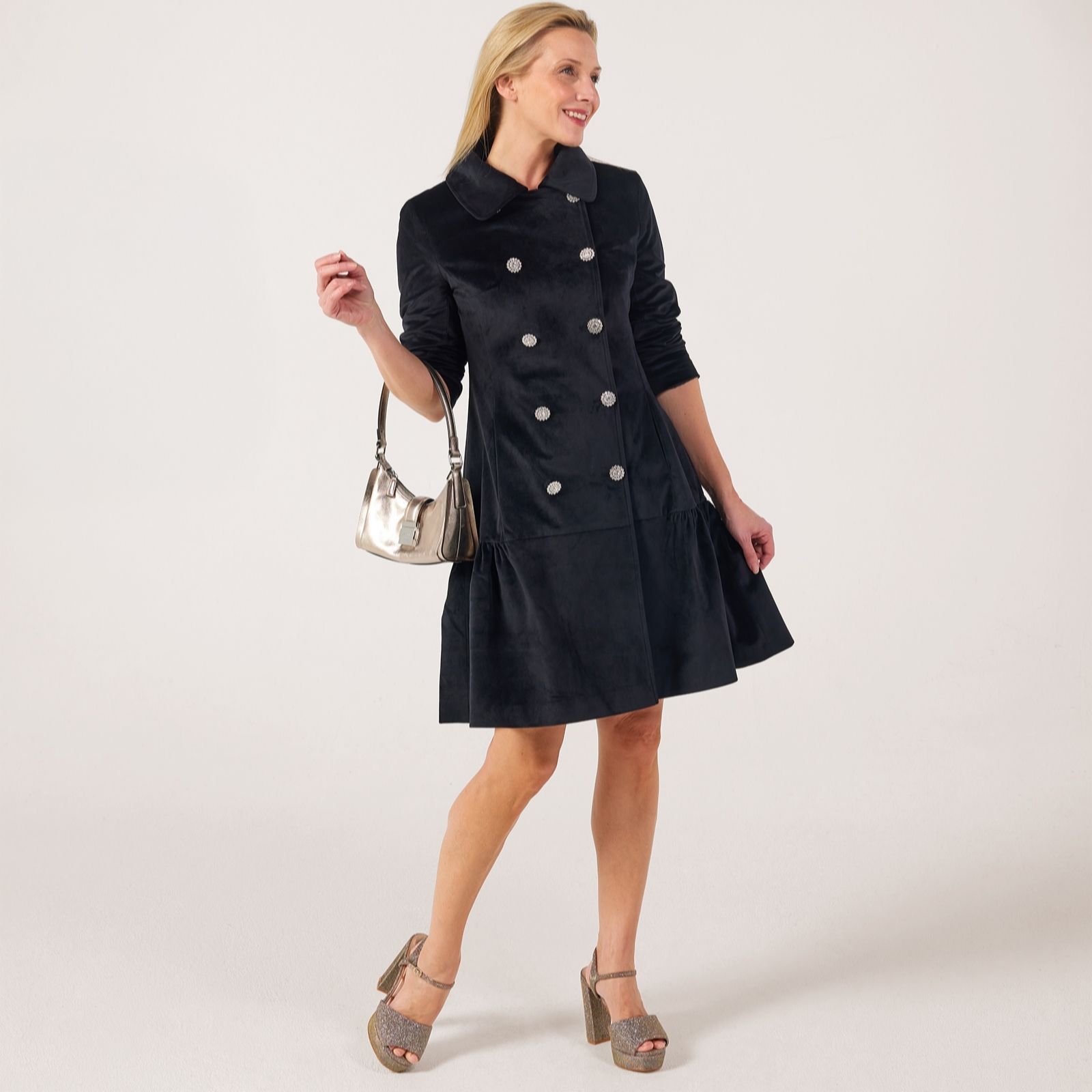 Helene Berman Black Icon Velvet Frill Hem Coat
