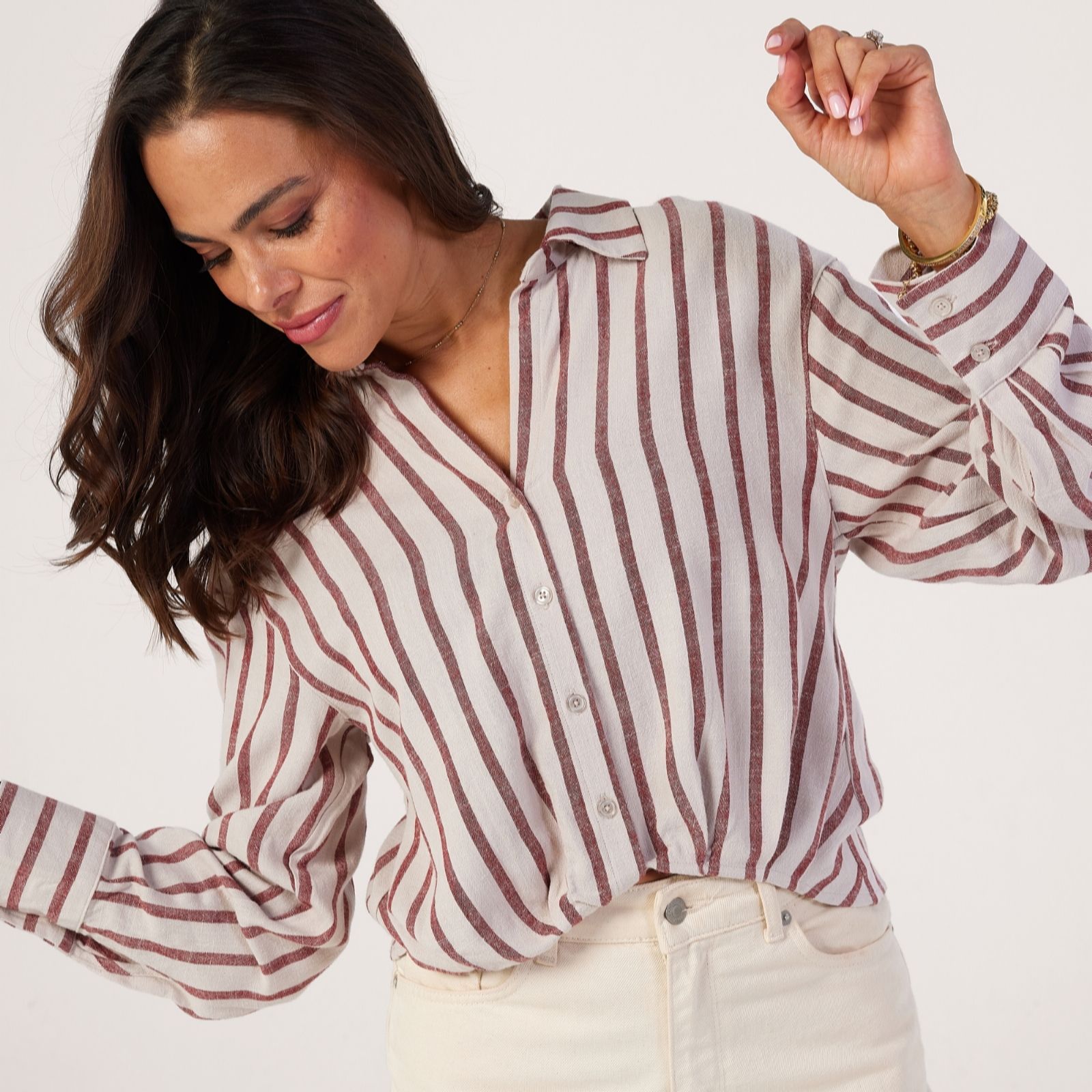 Only Red Stripe Seista Linen Blend Button Down Blouse