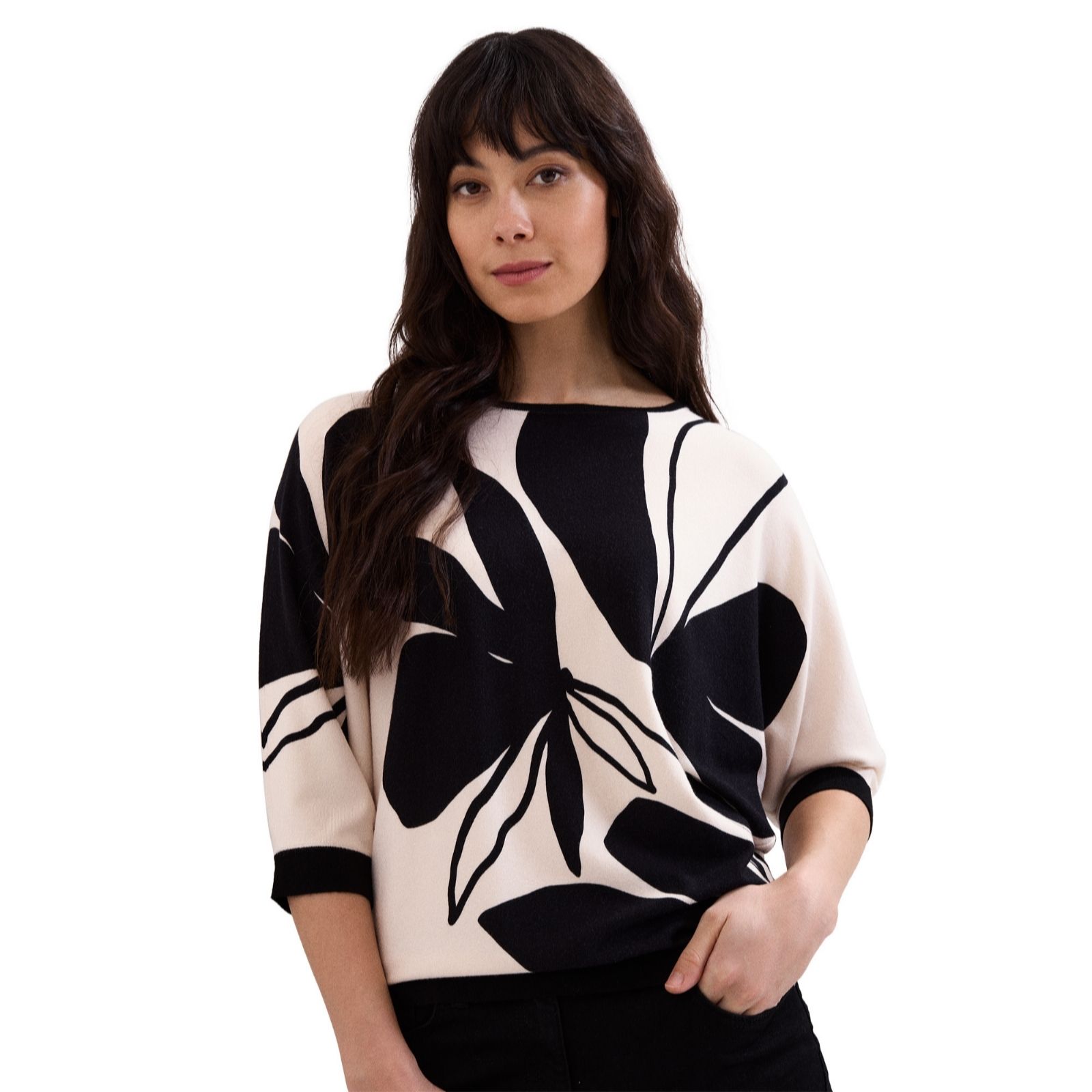Phase Eight Women's Ivory Black Faith Floral Print Black Ivory Viscose Knit Jumper