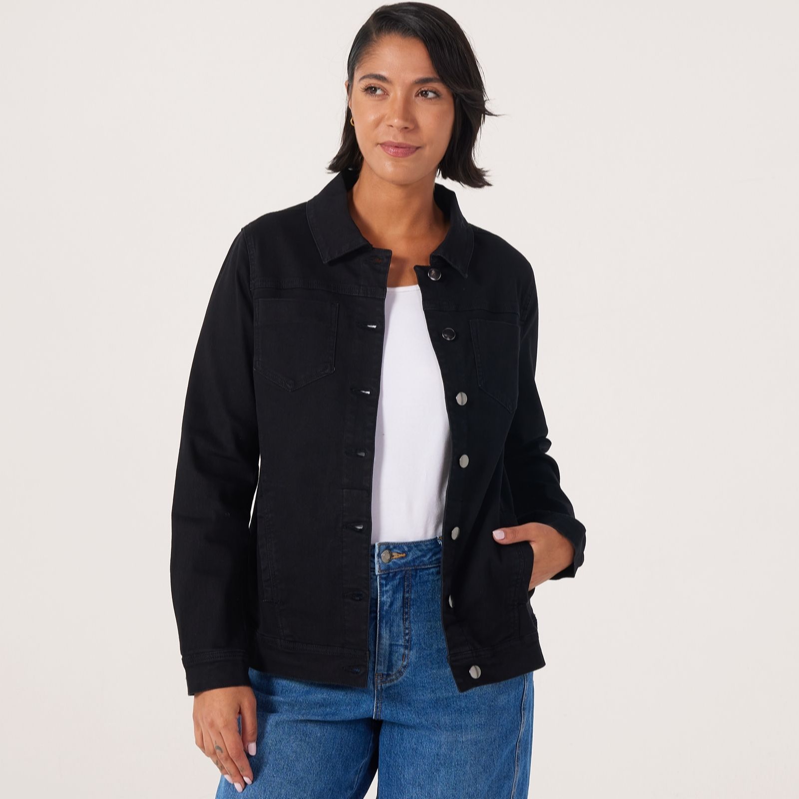 Nina Leonard Black Denim Jacket With Chest Pockets
