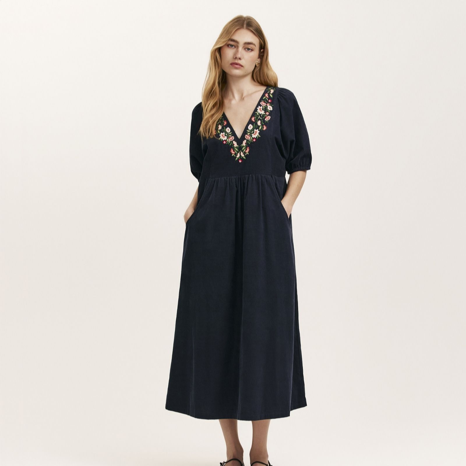 Finery London Chloe Floral Embroided Detail Corduroy Dress women's