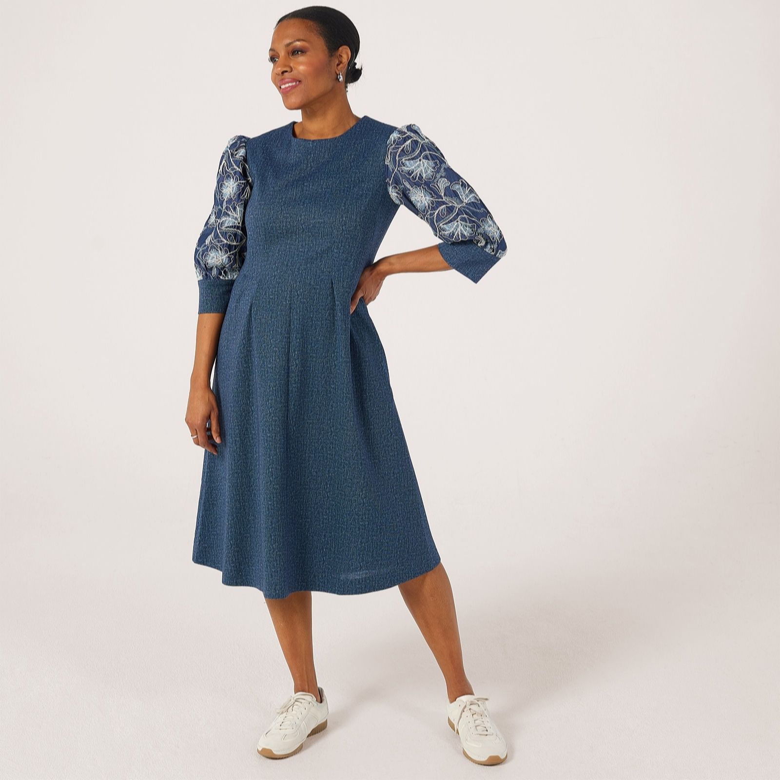 Helene Berman Women's Light Denim Hero Denim Dress With Emblished & Embroidered Sleeve